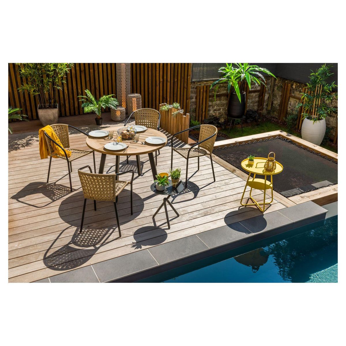 JARDILINE Salon de jardin - 4 places - Acier/Résine - Noire/Naturel - COCOS