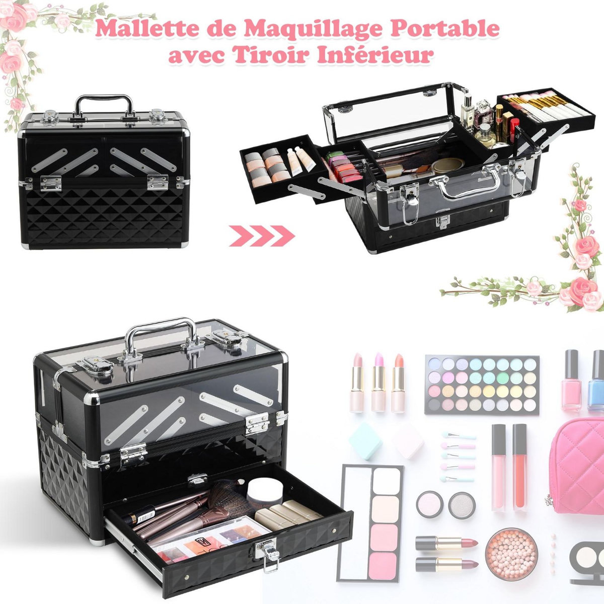 HOMCOM Mallette à maquillage - coffre à cosmétiques - rangement produits de beauté - dim. 30L x 18l x 22H cm - poignée serrure alu. acrylique