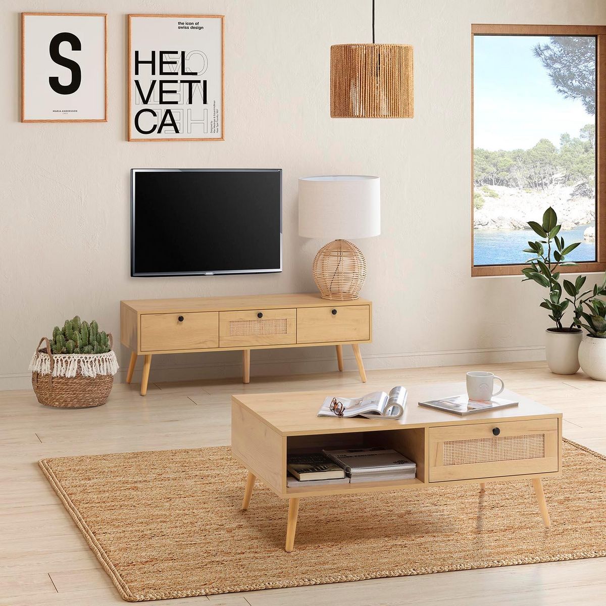 VS VENTA-STOCK Meuble TV Bella 3 Portes Couleur Chêne avec Rotin Naturel