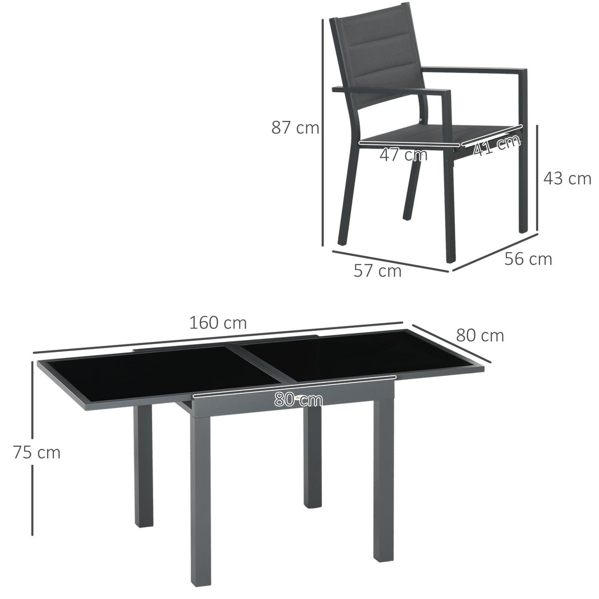 OUTSUNNY Ensemble de jardin 4 personnes chaises empilables table extensible 80/160L cm alu. teslin antracite