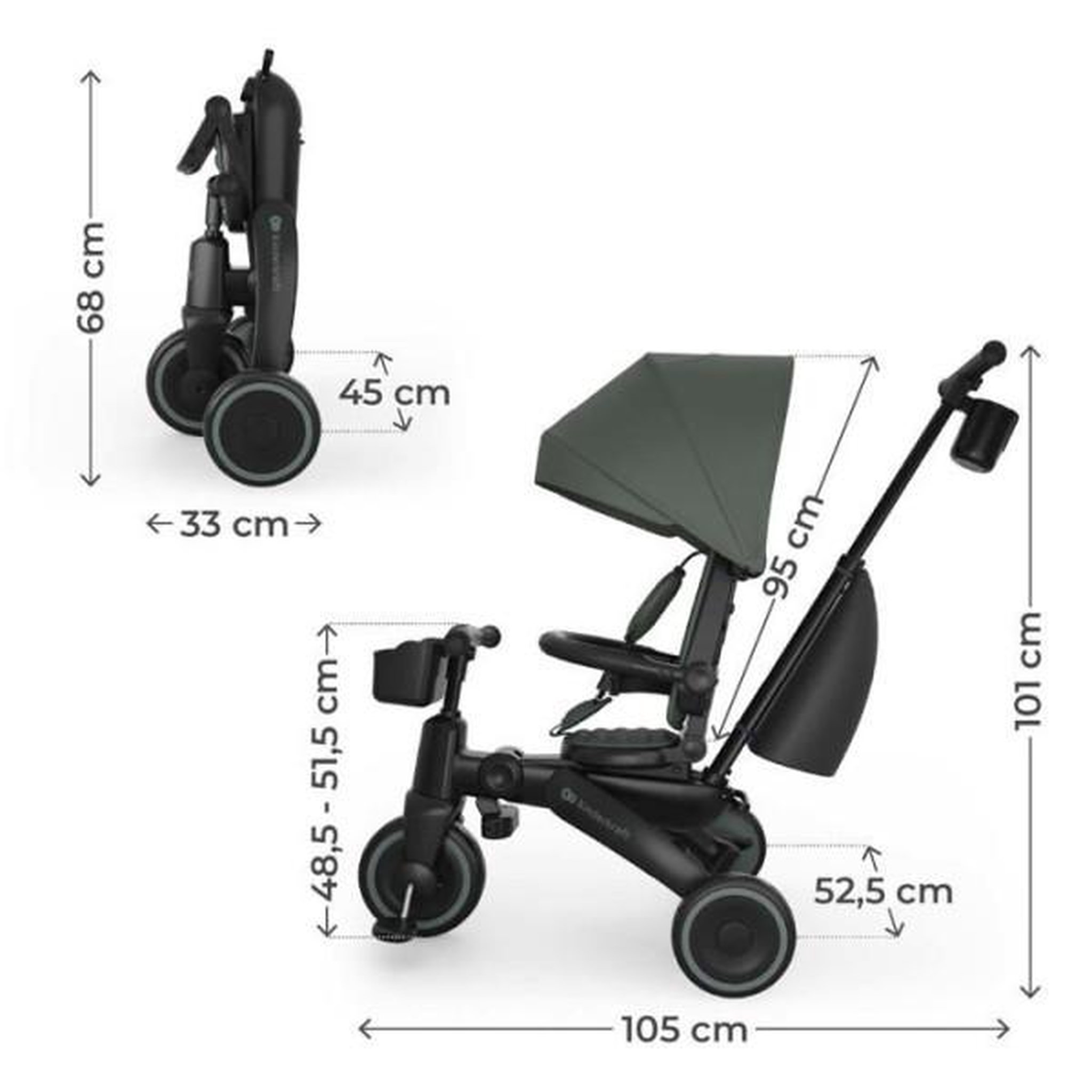 Voir la diapositive 6 : KINDERKRAFT Tricycle Kinderkraft JAZZ 3 évolutif pliable 6 modes siege réversible inclinable canopy UPF50+ poignée parentale Vert