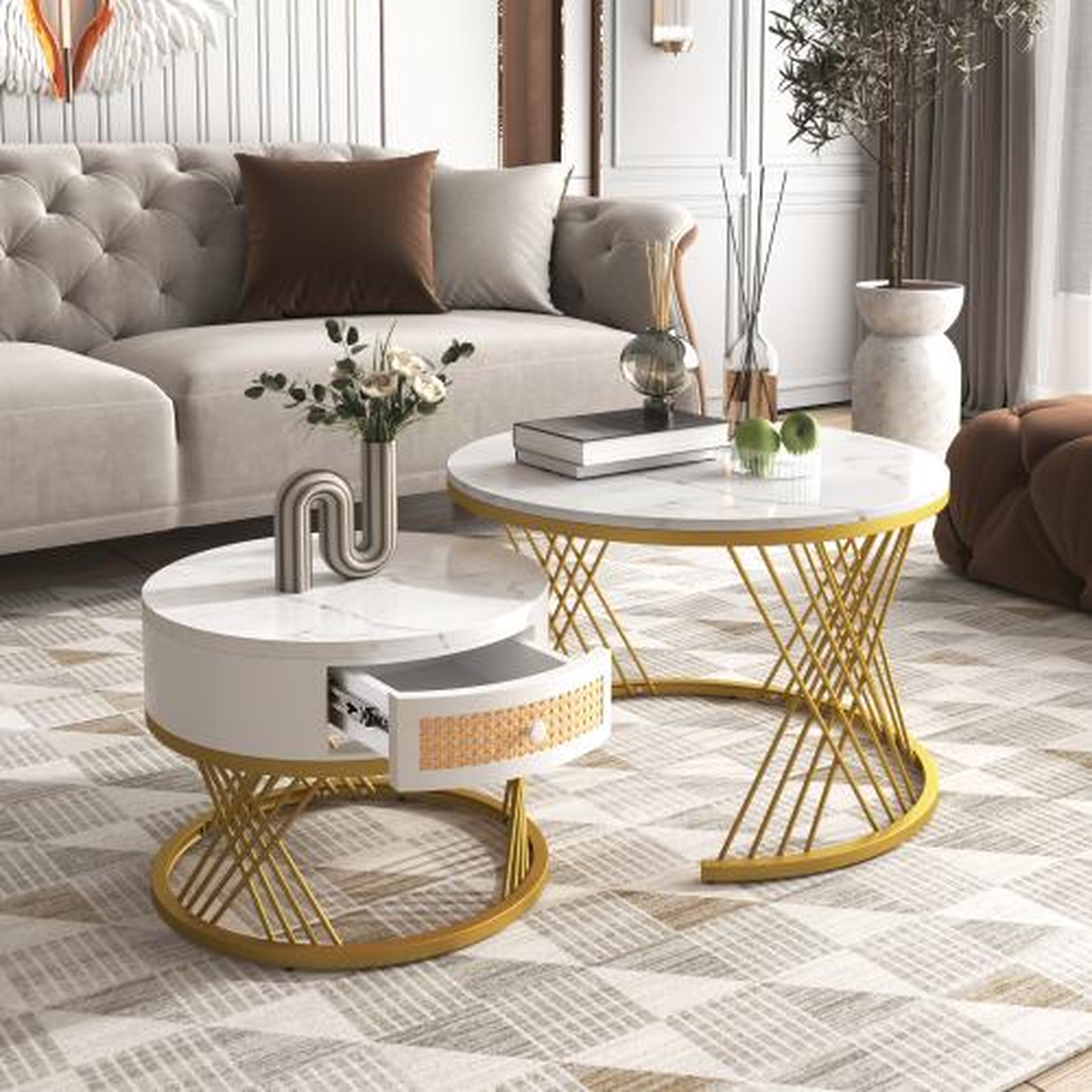 Voir la diapositive 5 : MERAX Table basse gigogne ronde blanc+doré - 70x70 cm mdf