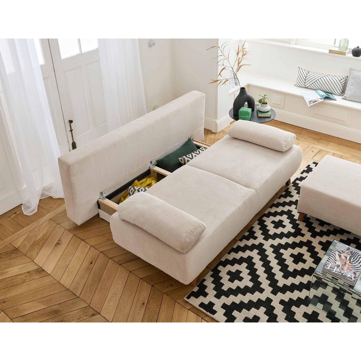 BEST MOBILIER Cristal - canapé 3 places - convertible avec coffre et pouf - en velours côtelé