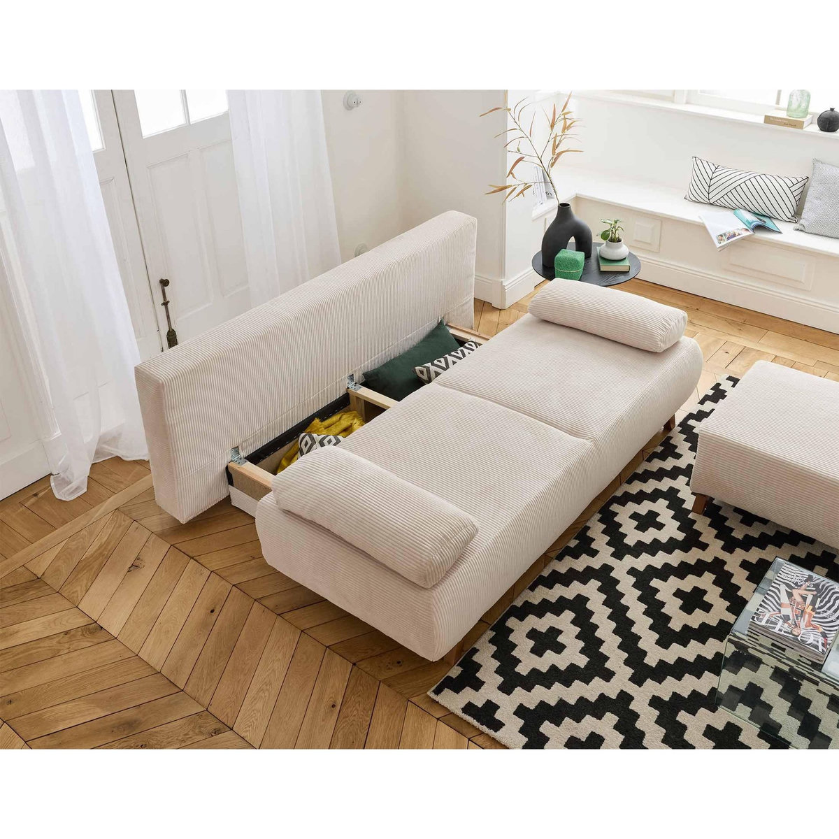 BEST MOBILIER Cristal - canapé 3 places - convertible avec coffre et pouf - en velours côtelé