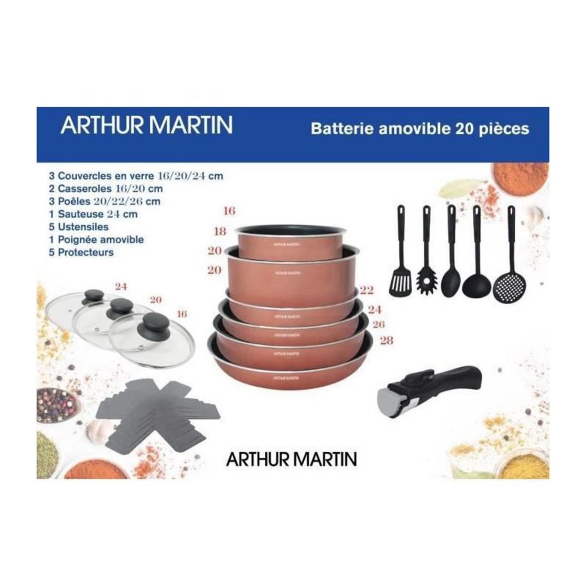 Arthur Martin Batterie de cuisine 20 pieces Arthur Martin - aluminium - poignée amovible - tous feux dont induction
