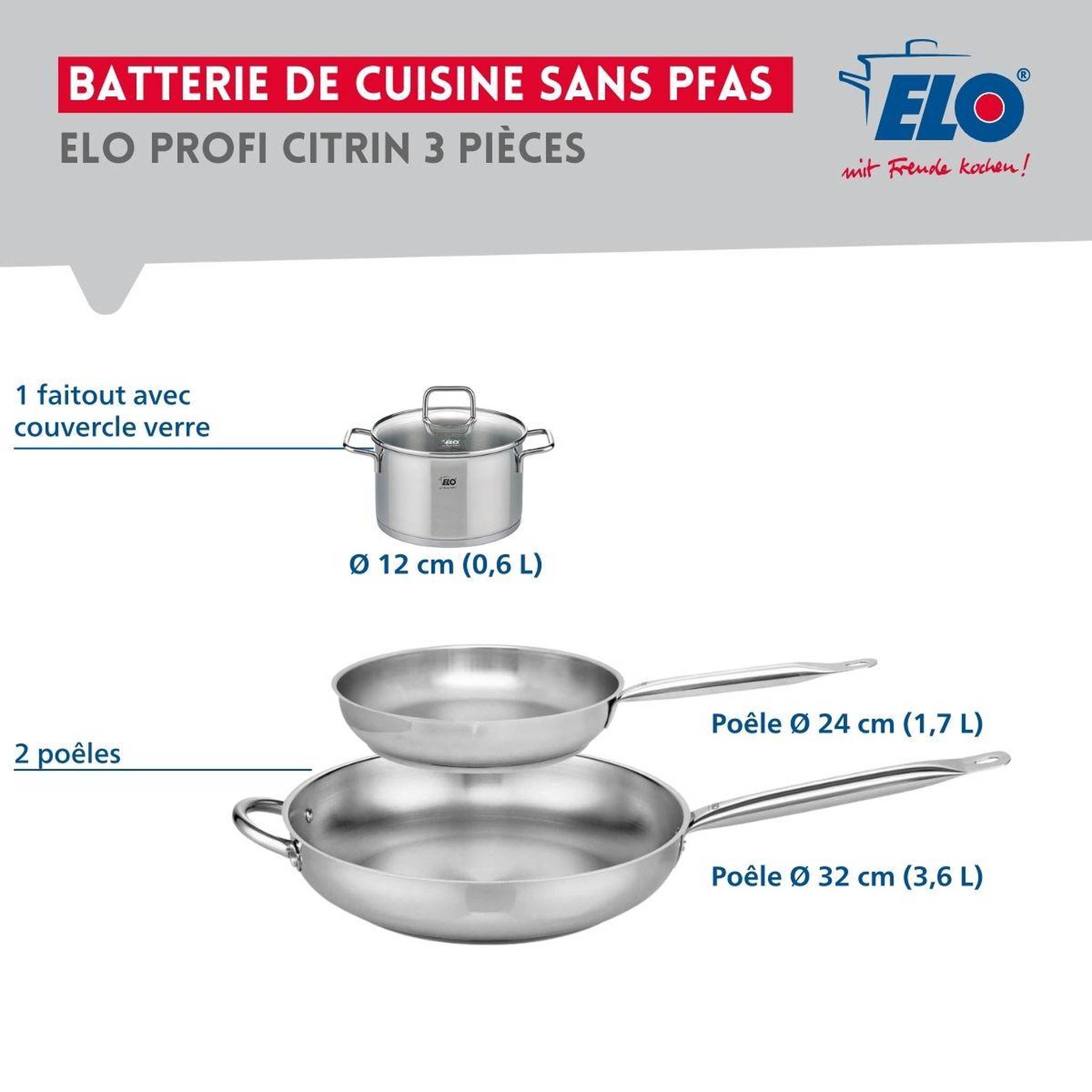 Voir la diapositive 2 : ELO Ensemble de 2 poêles de cuisson 24 et 32 cm et 1 faitout 12 cm elo profi citrin