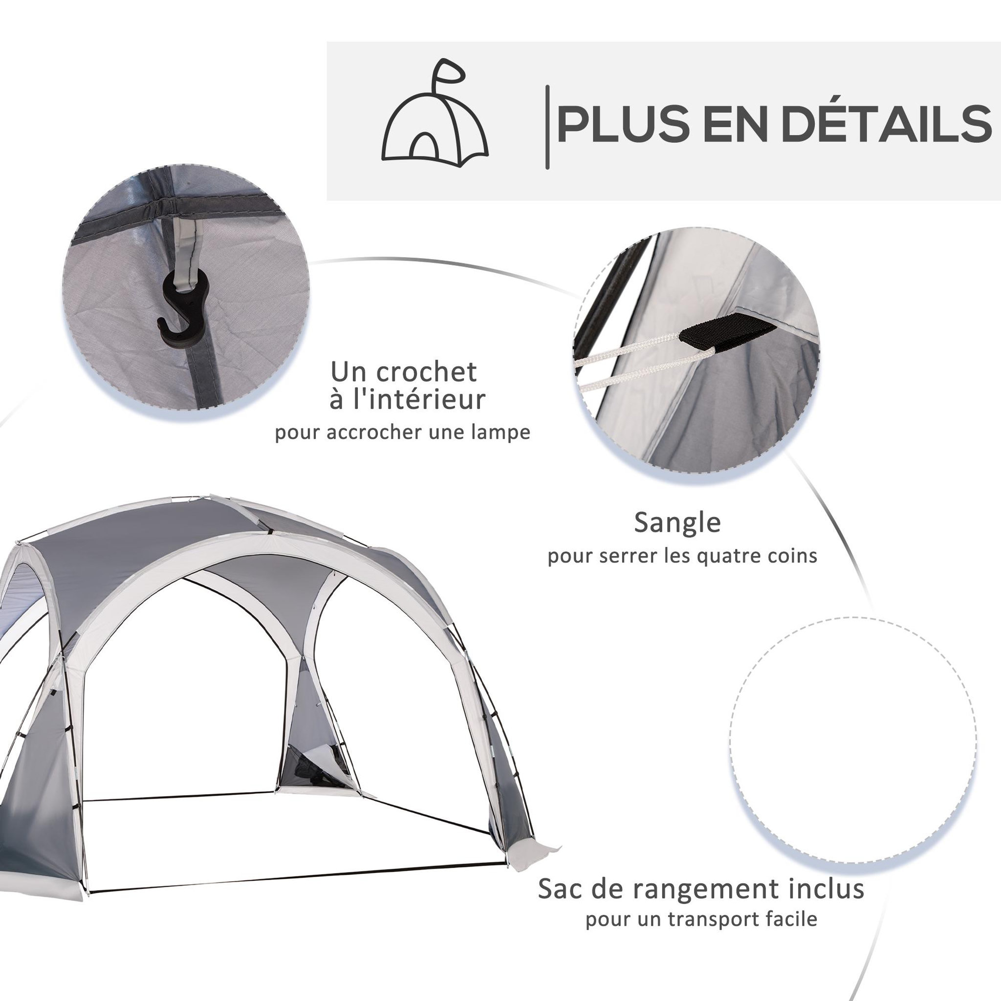 Voir la diapositive 6 : OUTSUNNY Tente de camping dôme familiale 6-8 personnes - 4 portes en filet zippées, tissu oxford amovible, crochet lampe, sac de transport - dim. 350l x 350l x 230h cm - blanc gris