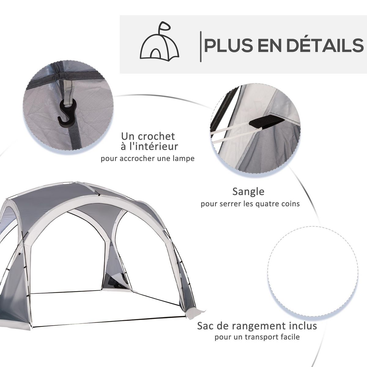 OUTSUNNY Tente de camping dôme familiale 6-8 personnes - 4 portes en filet zippées, tissu Oxford amovible, crochet lampe, sac de transport - dim. 350L x 350l x 230H cm - blanc gris