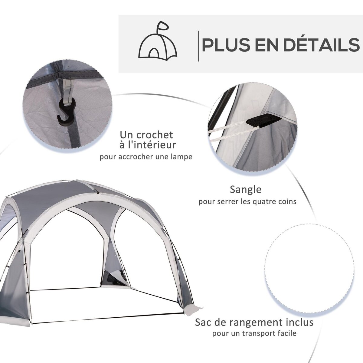 OUTSUNNY Tente de camping dôme familiale 6-8 personnes - 4 portes en filet zippées, tissu Oxford amovible, crochet lampe, sac de transport - dim. 350L x 350l x 230H cm - blanc gris