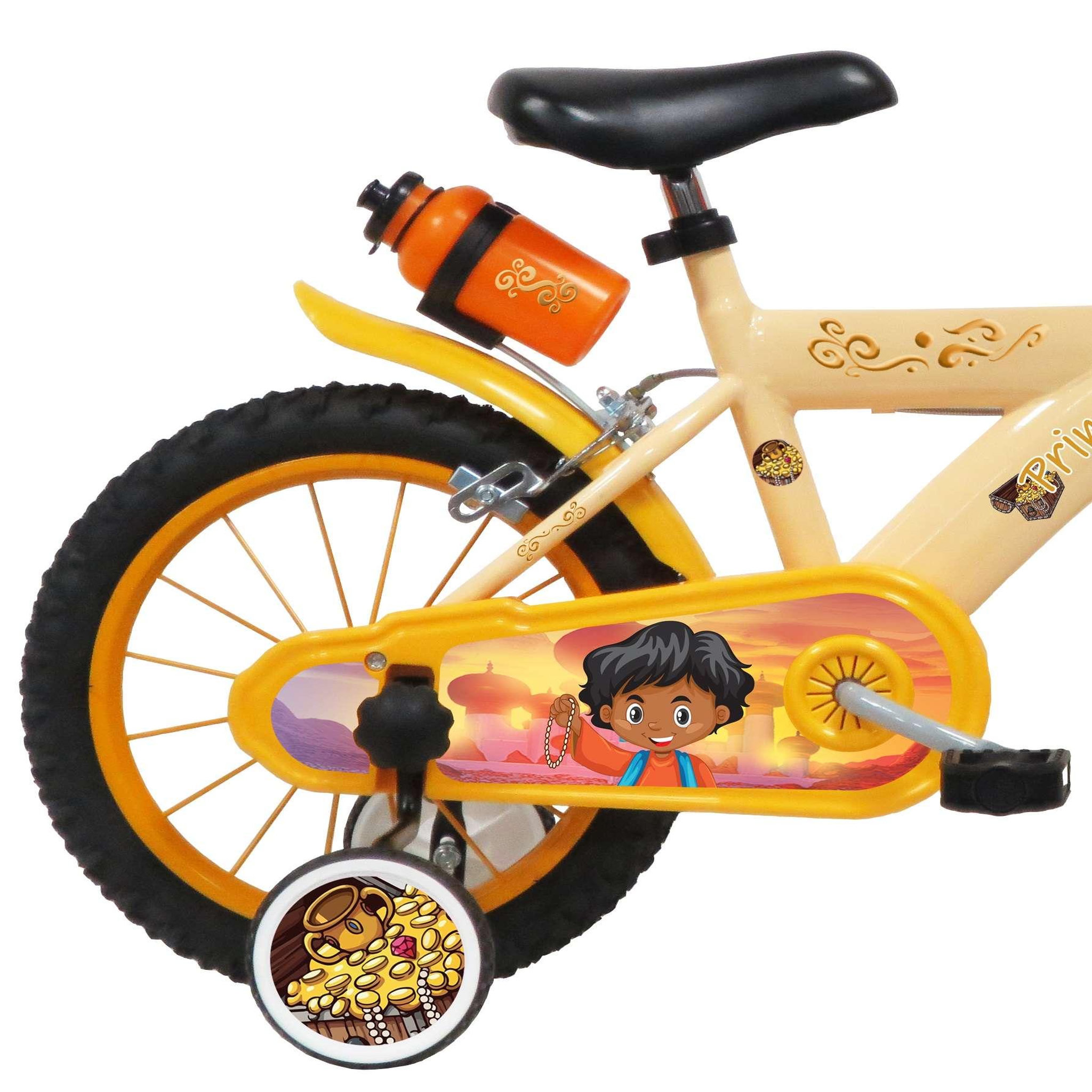 Voir la diapositive 2 : Vélo enfant - Modèle 16'' Prince des sables pour enfant de 105/120 cm avec stabilisateurs - Plaque décorative avant - Porte bidon - 2 freins