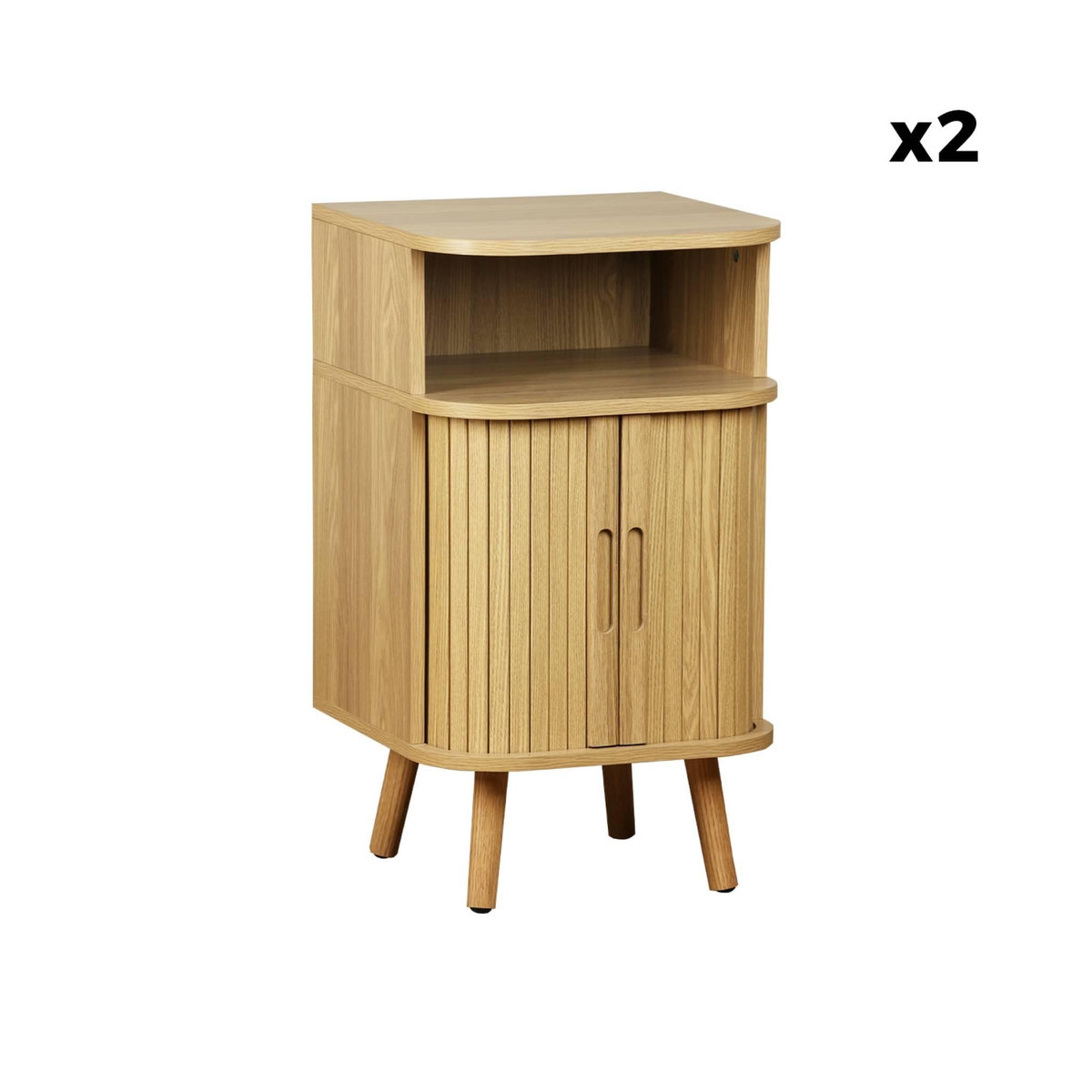 SWEEEK Lot de 2 tables de chevet 2 portes coulissantes + 1 niche effet bois rainuré. L 40 x P 40 x H 70cm