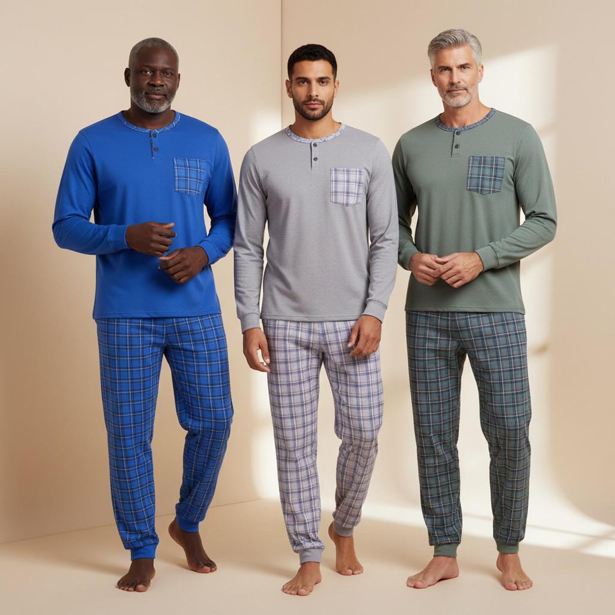 Voir la diapositive 2 : OZABI OZABI Pyjama Homme Long Pack de 3, Coton Doublé Polaire, Col Boutonné