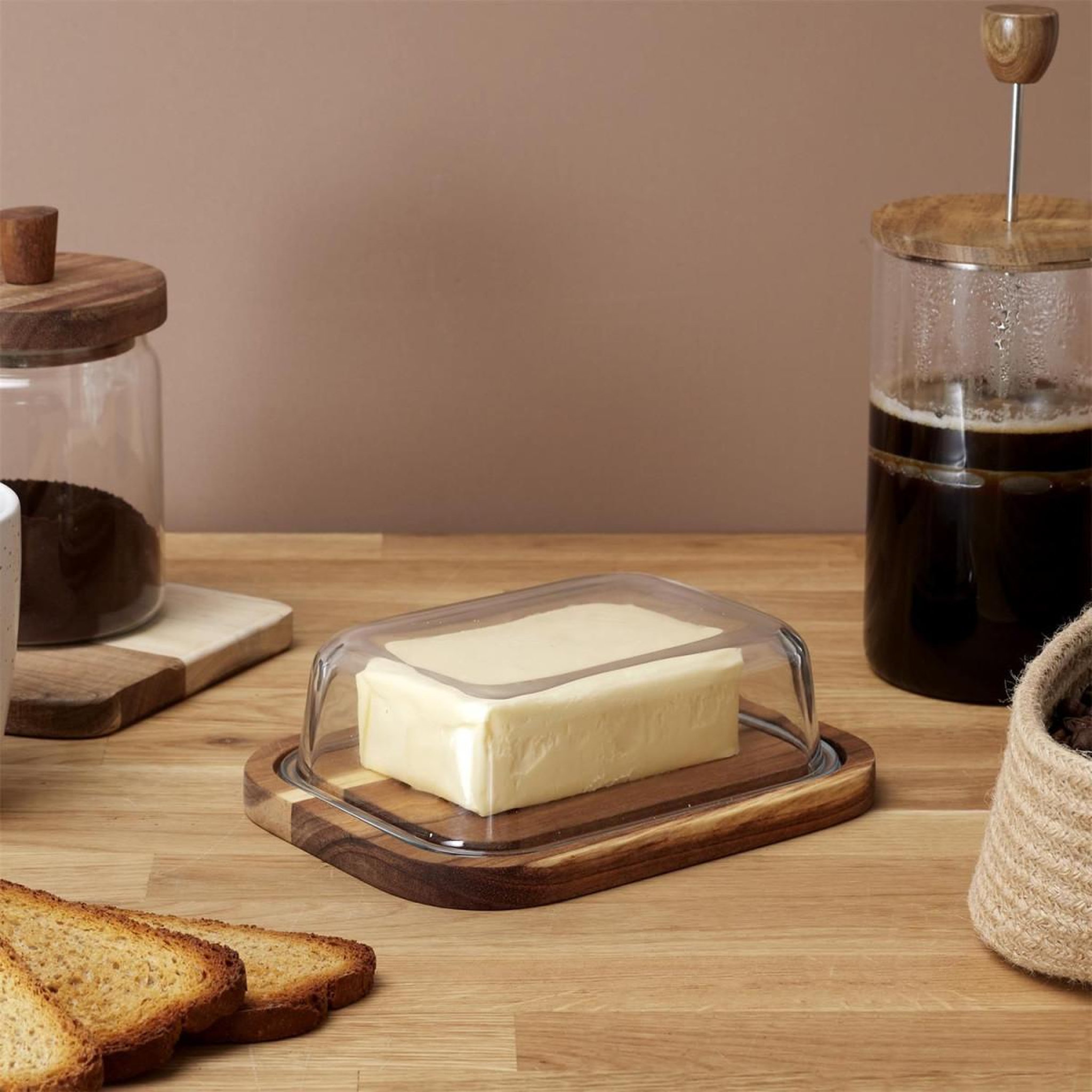 Voir la diapositive 4 : The Home Deco Factory Beurrier en Verre  Acacia  19cm Naturel