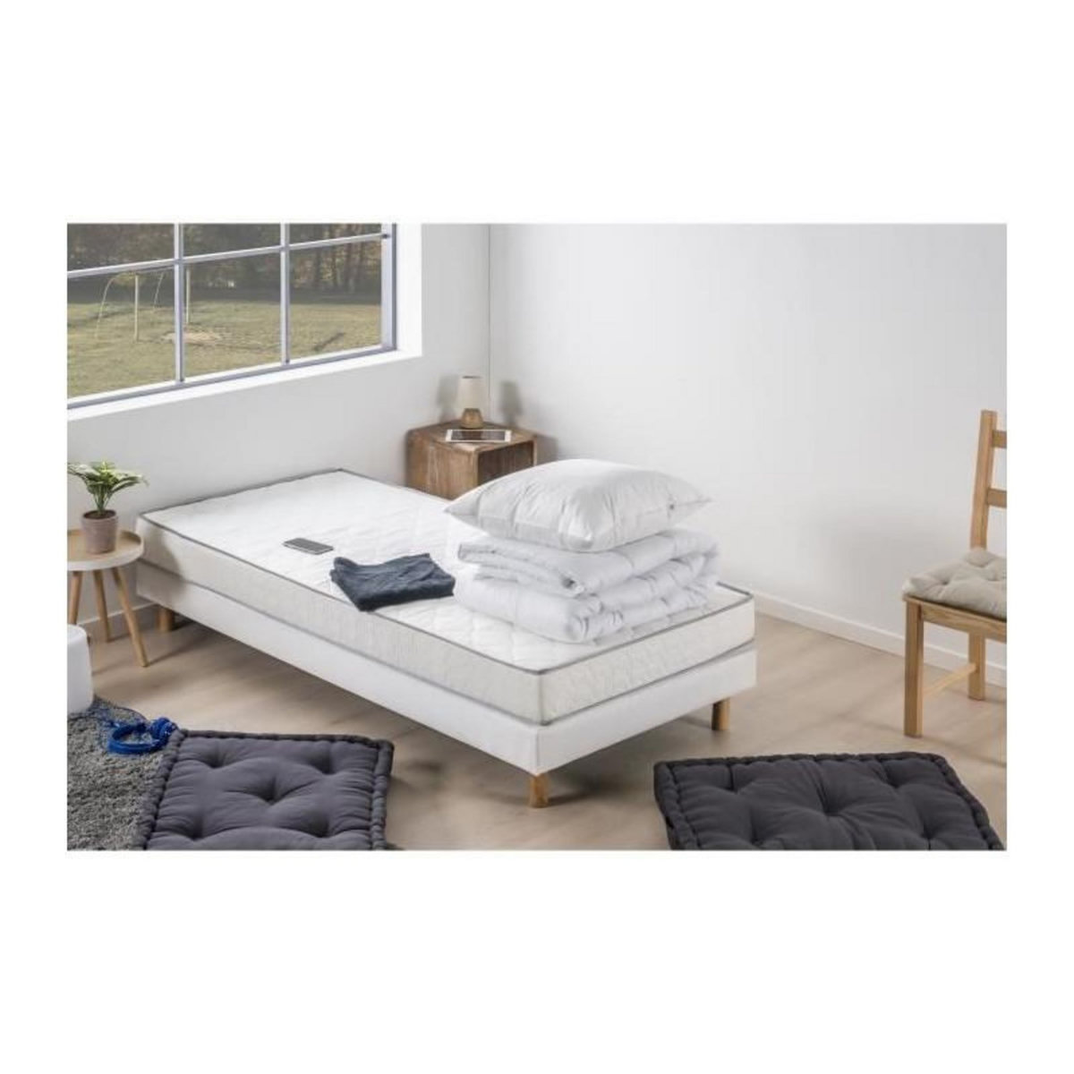 DEKO DREAM Pack pret a dormir TOP matelas 90x190 cm + Sommier + Couette + 1 oreiller 60x60 cm - 14 cm