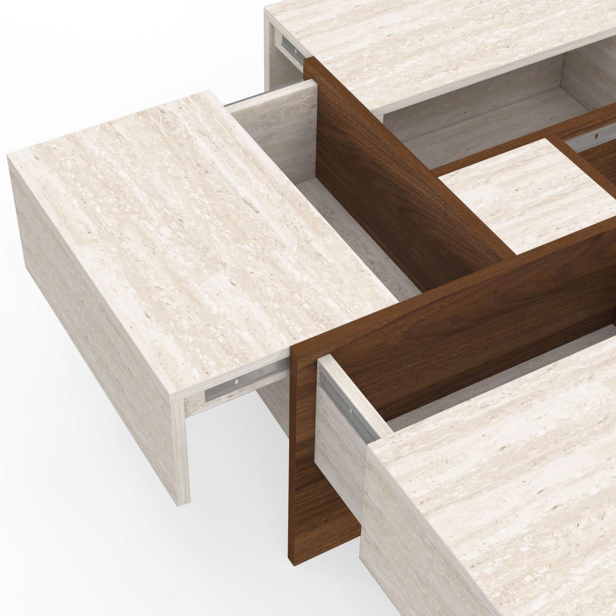 Voir la diapositive 6 : ID MARKET Table basse carrée talia 70 cm avec tiroirs bois effet noyer et plateau travertin