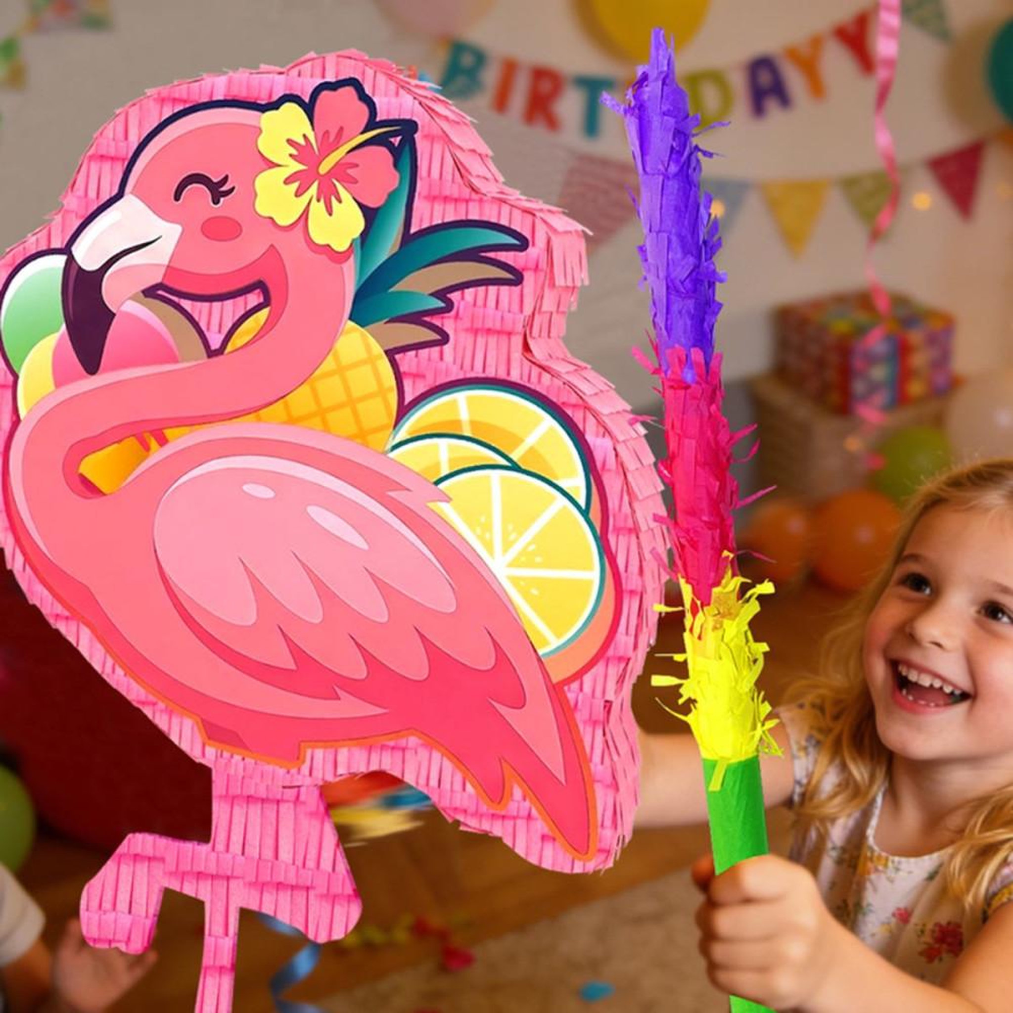 Voir la diapositive 3 : Piñata flamant rose tropical 58 cm, kit décoration hawaïenne avec bâton et masque de jeu