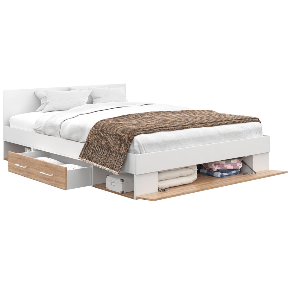 ID MARKET Lit double MINEA avec tiroirs + niches de rangement + tête de lit et sommier 140 x 190 cm façon hêtre et blanc