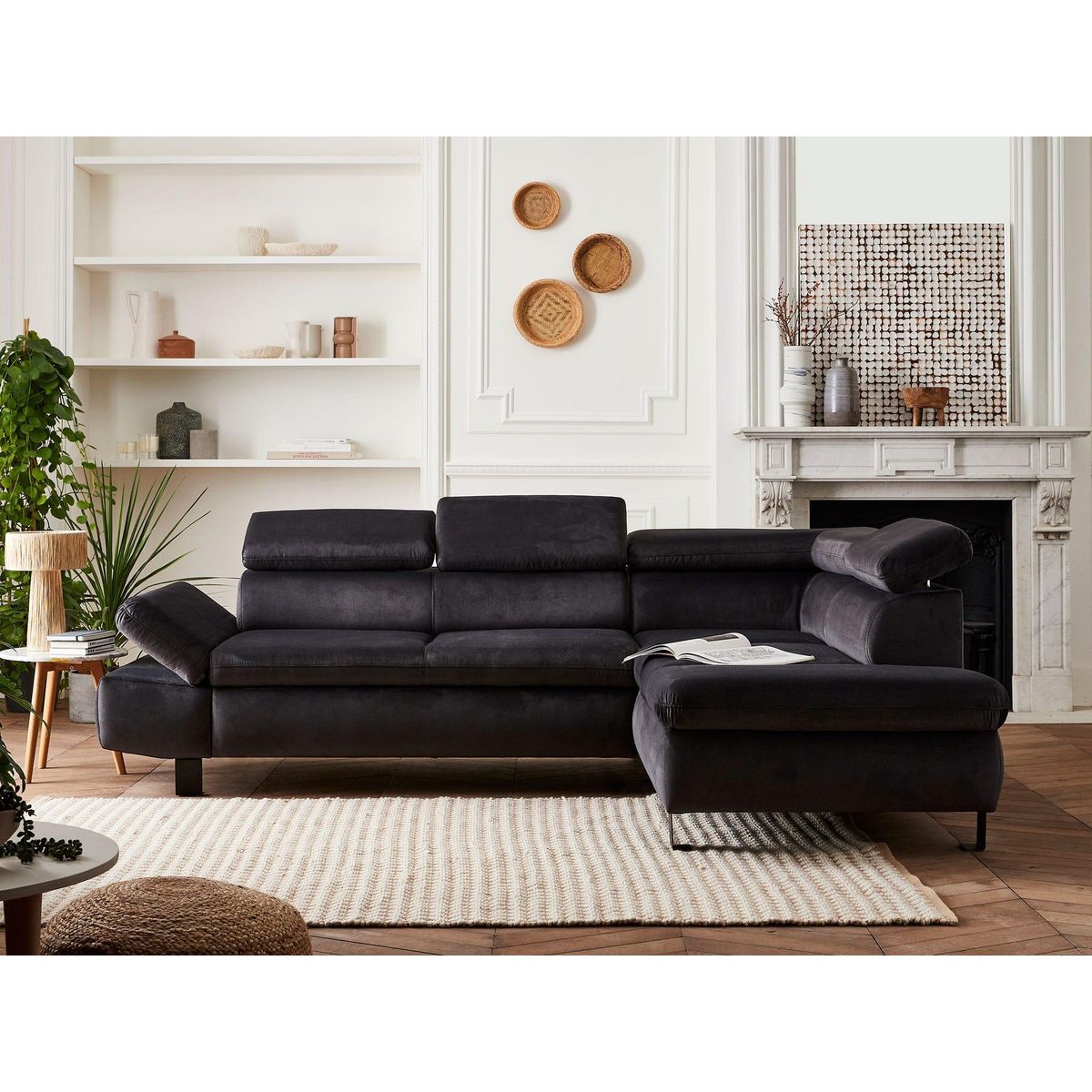 LISA DESIGN Nairobi - canapé d'angle convertible - en velours - 5 places - avec têtières - droit