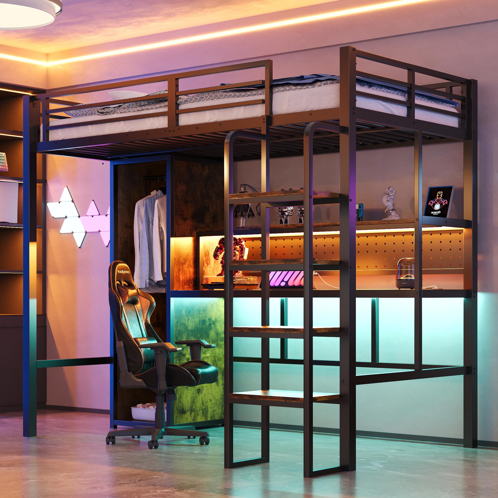 Voir la diapositive 4 : MERAX Lit mezzanine 90x200 cm coloris noir led métal