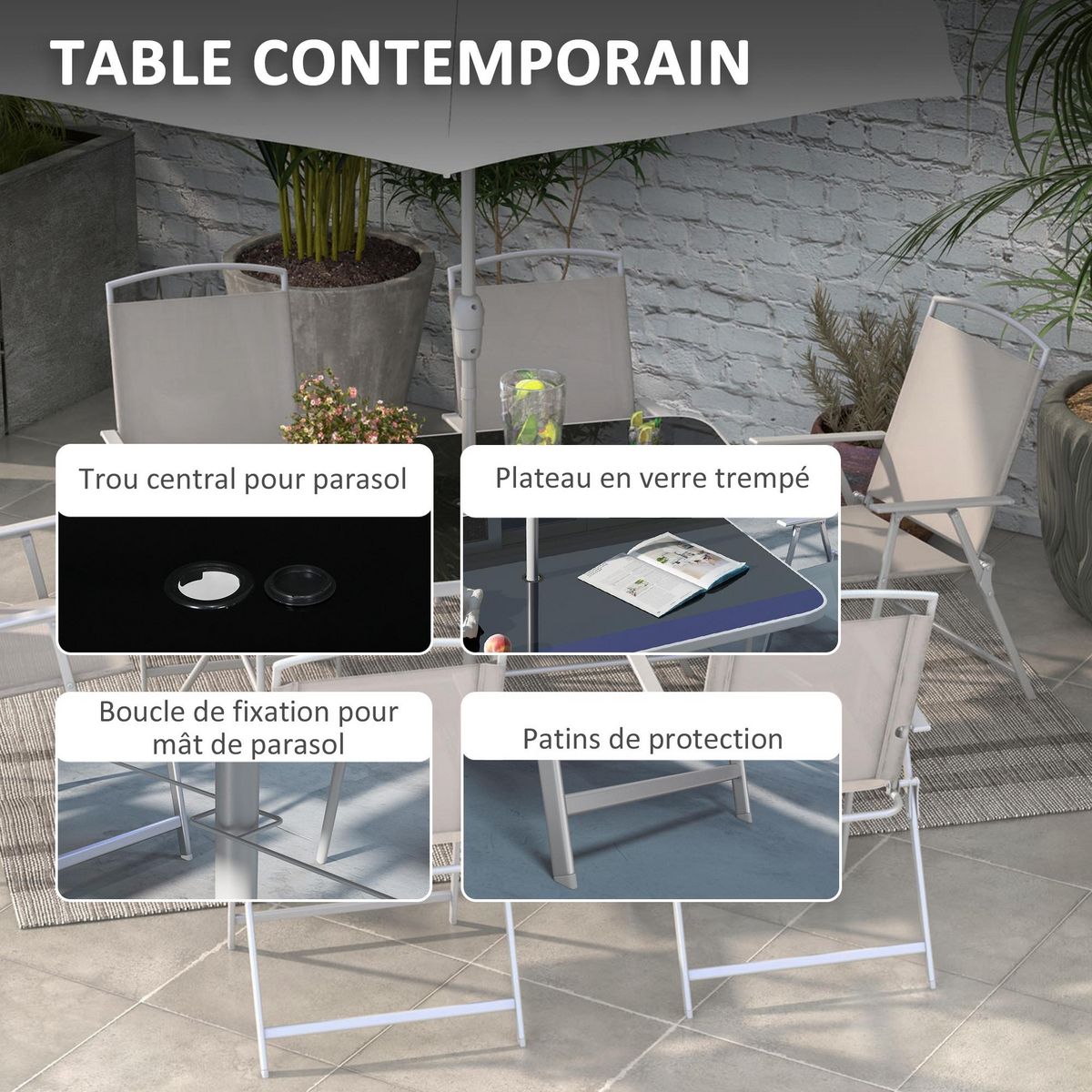 OUTSUNNY Ensemble salon de jardin 6 places 8 pièces - parasol, table, 6 chaises pliantes - métal époxy textilène polyester gris