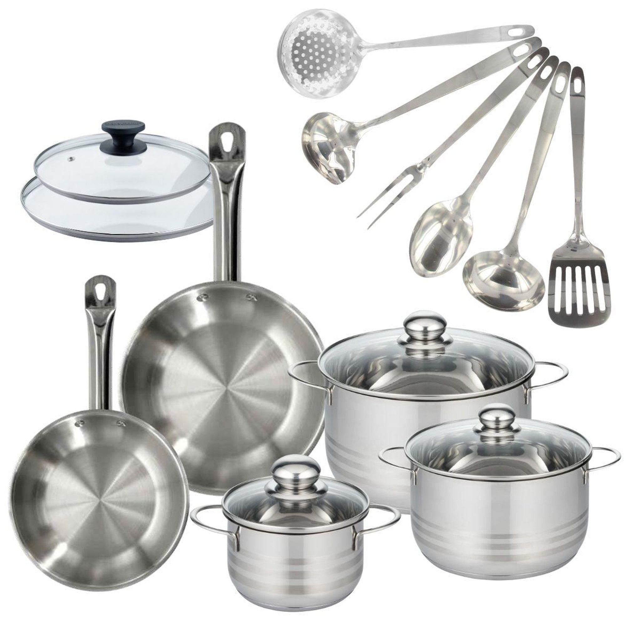 Fackelmann Batterie de cuisine 2 poêles 20/24 cm et couvercles, 3 faitouts 16/20/24 cm et 6 ustensiles fackelmann eterna