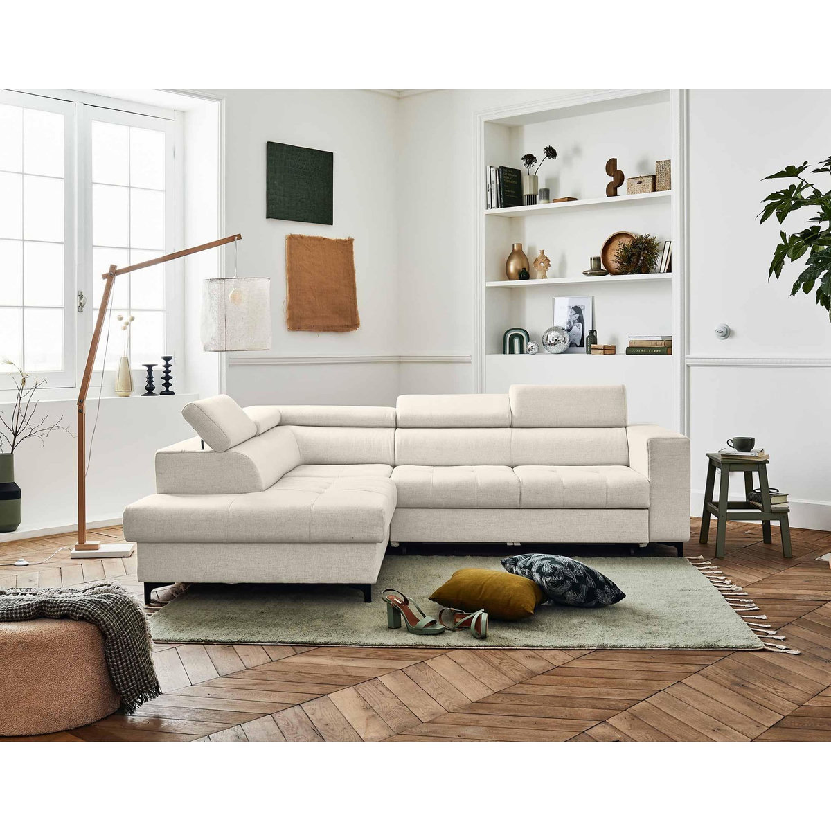 LISA DESIGN Olinda - canapé d'angle gauche - 5 places - convertible avec coffre et têtières réglables - en tissu