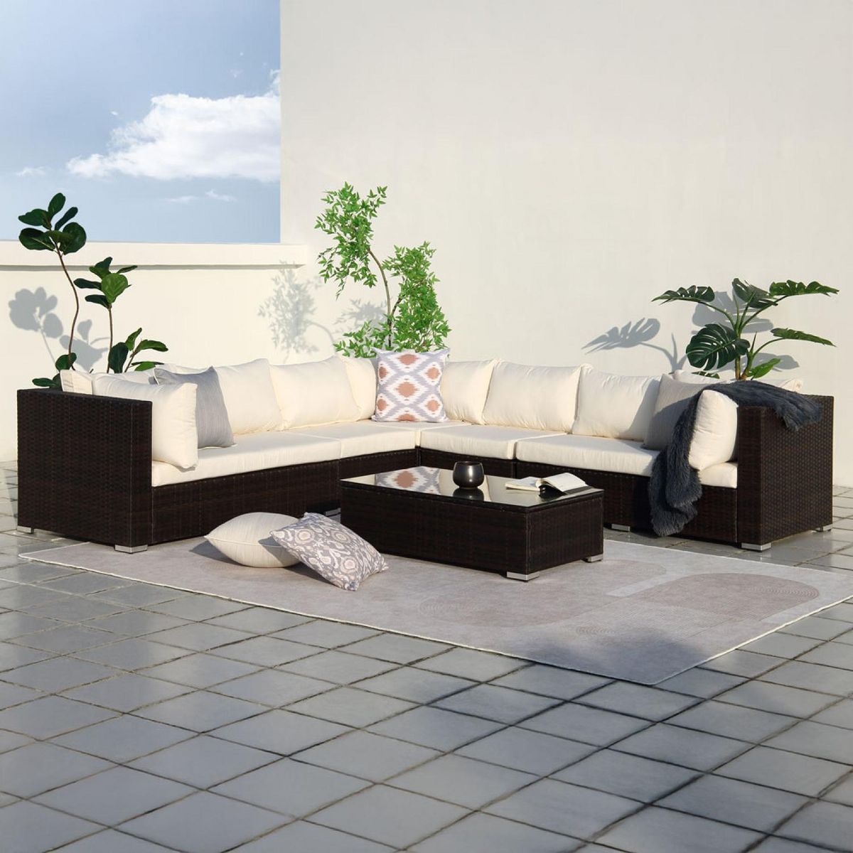 CONCEPT USINE salon de jardin panoramique 8 places en résine tressée marron et blanc SALENTO