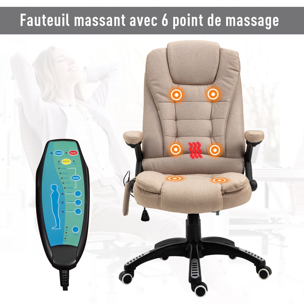 HOMCOM Fauteuil de bureau direction massant chauffant hauteur réglable dossier inclinable toile de lin beige