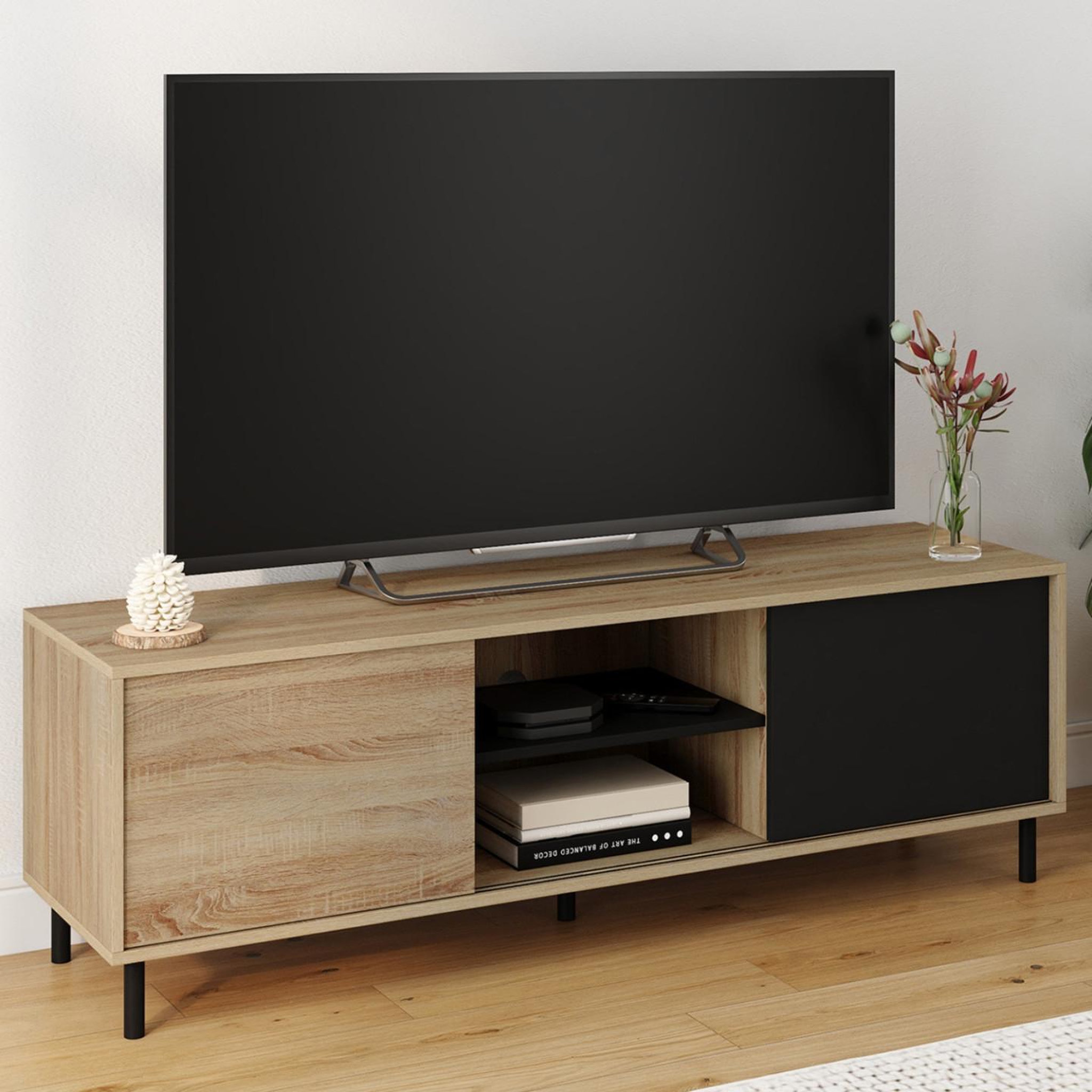 Voir la diapositive 2 : ID MARKET Meuble tv 140 cm easy montage sans outils 2 portes coulissantes réversibles effet bois et noir