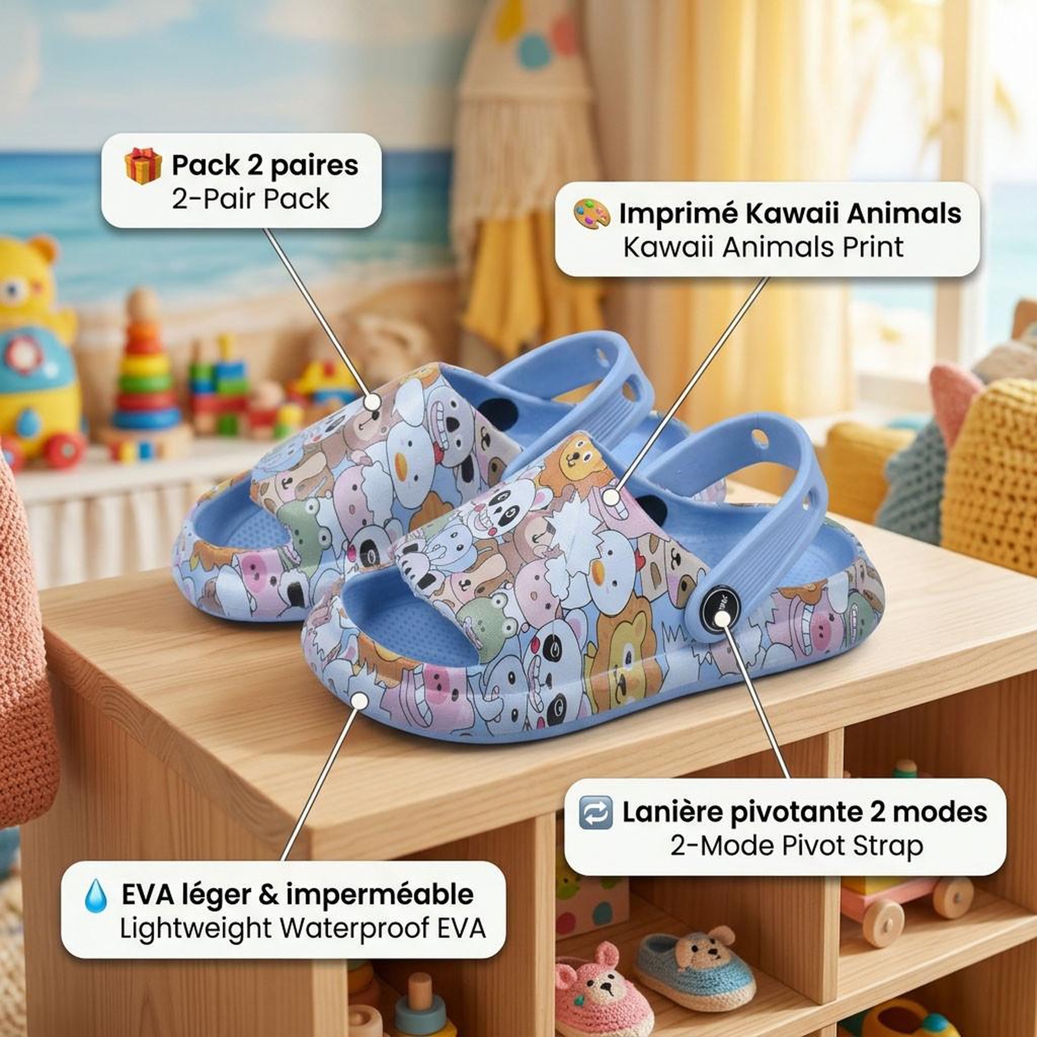 Voir la diapositive 6 : OZABI OZABI Pack 2 Paires Sabots Enfant - Imprimé Animaux Kawaii - Lanière Pivotante