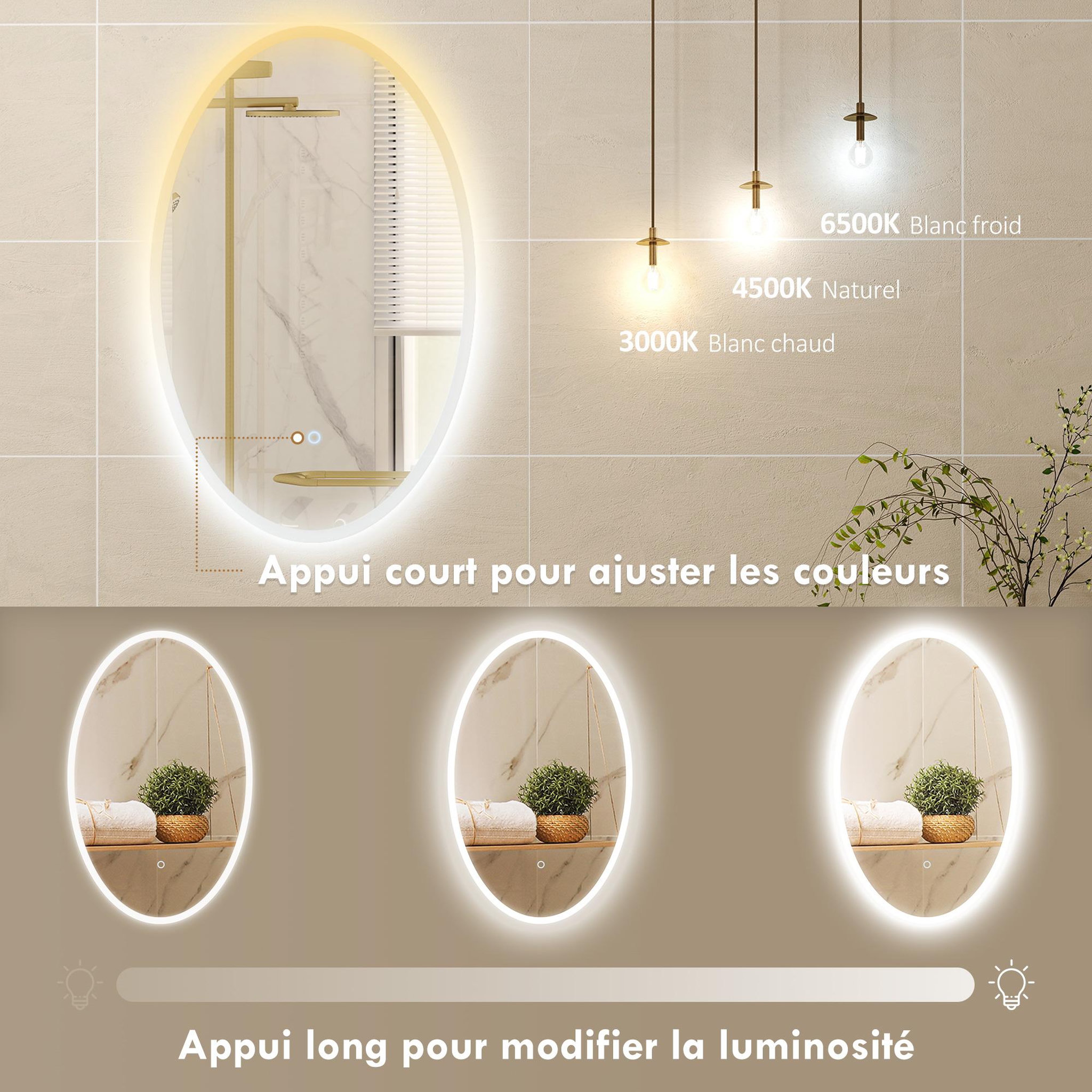 Voir la diapositive 6 : HOMCOM Miroir salle de bain led design ovale 50 x 80 cm anti-buée dimmable tactile réglable verre trempé