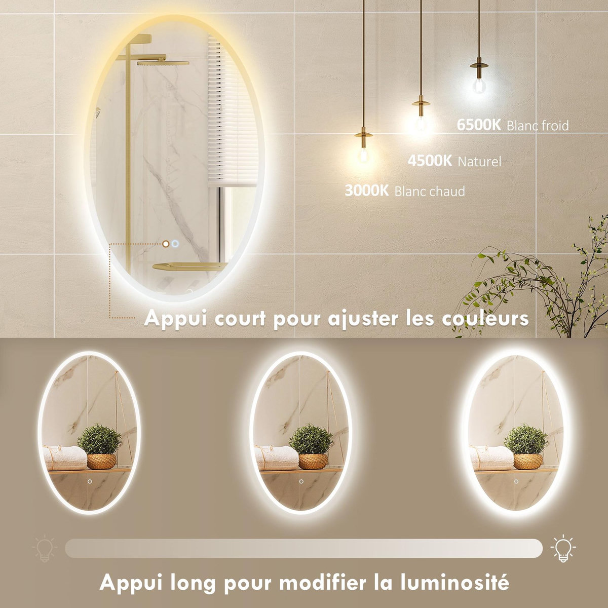HOMCOM Miroir salle de bain LED design ovale 50 x 80 cm anti-buée dimmable tactile réglable verre trempé