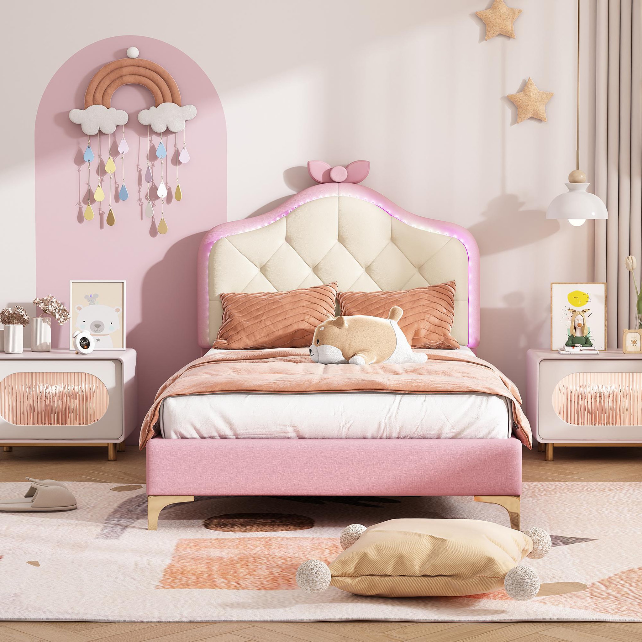 Voir la diapositive 4 : MERAX Lit simple enfant rembourré 90x200cm pu coloris rose led