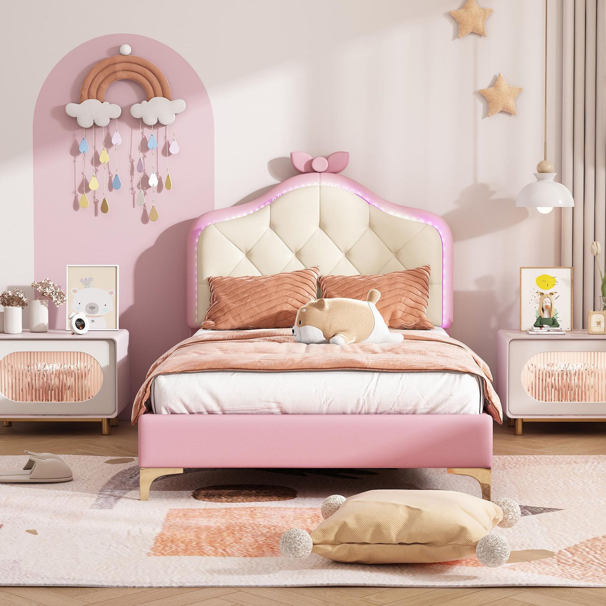 MERAX Lit simple enfant rembourré 90x200cm pu coloris rose led