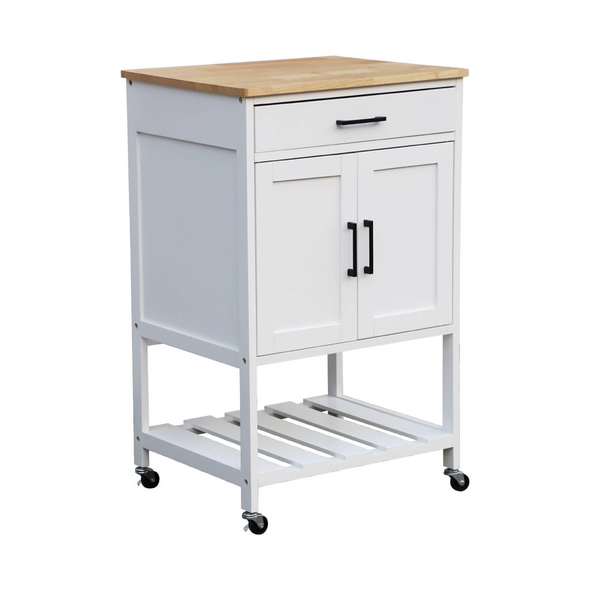 SWEEEK Desserte de cuisine BENDOR plateau en bois d'hévéa, 56 x 46 x 90 cm, 4 roues, 1 tiroir, 2 étagère, 1 double porte, style contemporain