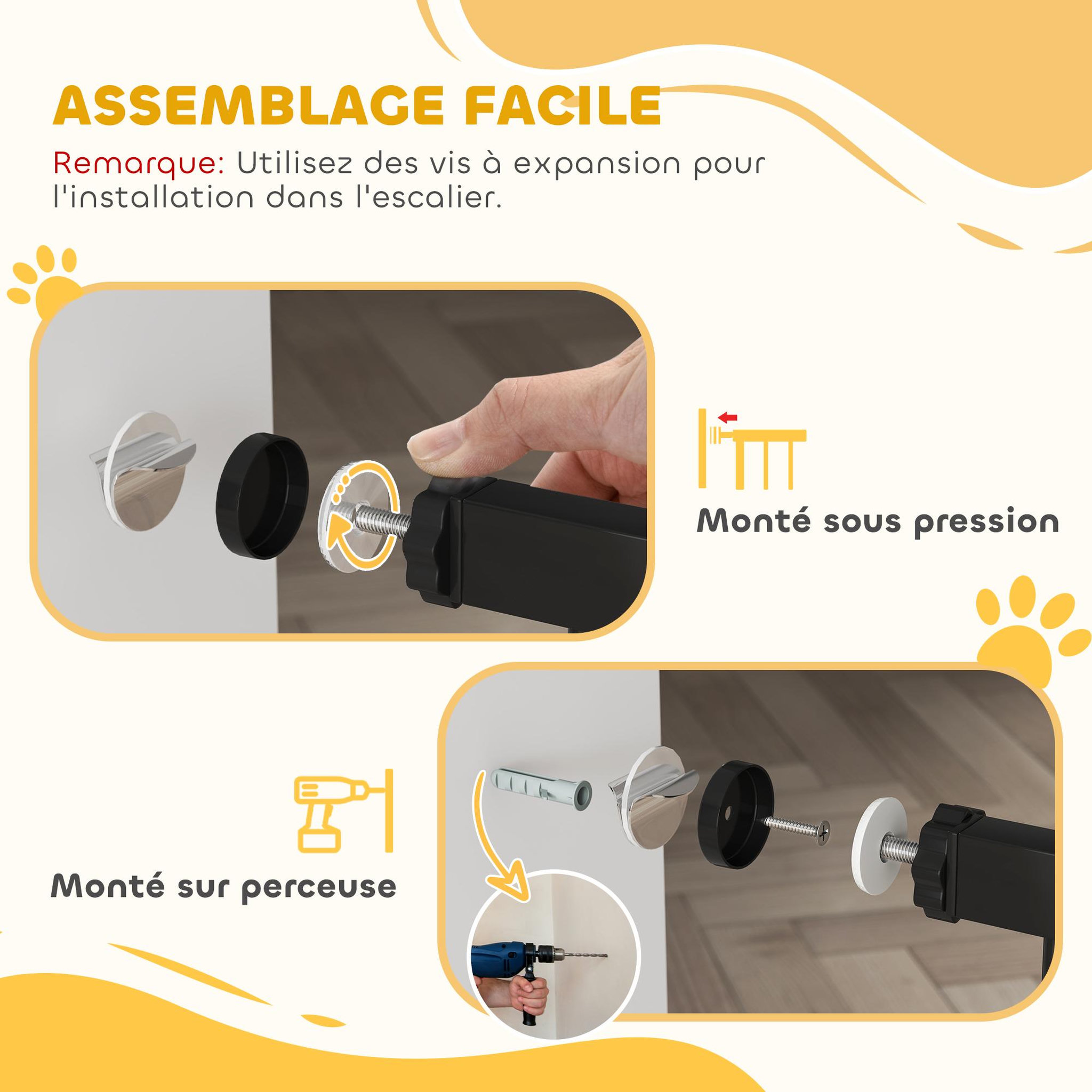 Voir la diapositive 5 : PAWHUT Barrière de sécurité chien réglable 75-95 cm - porte verrouillable - sans perçage - acier abs noir
