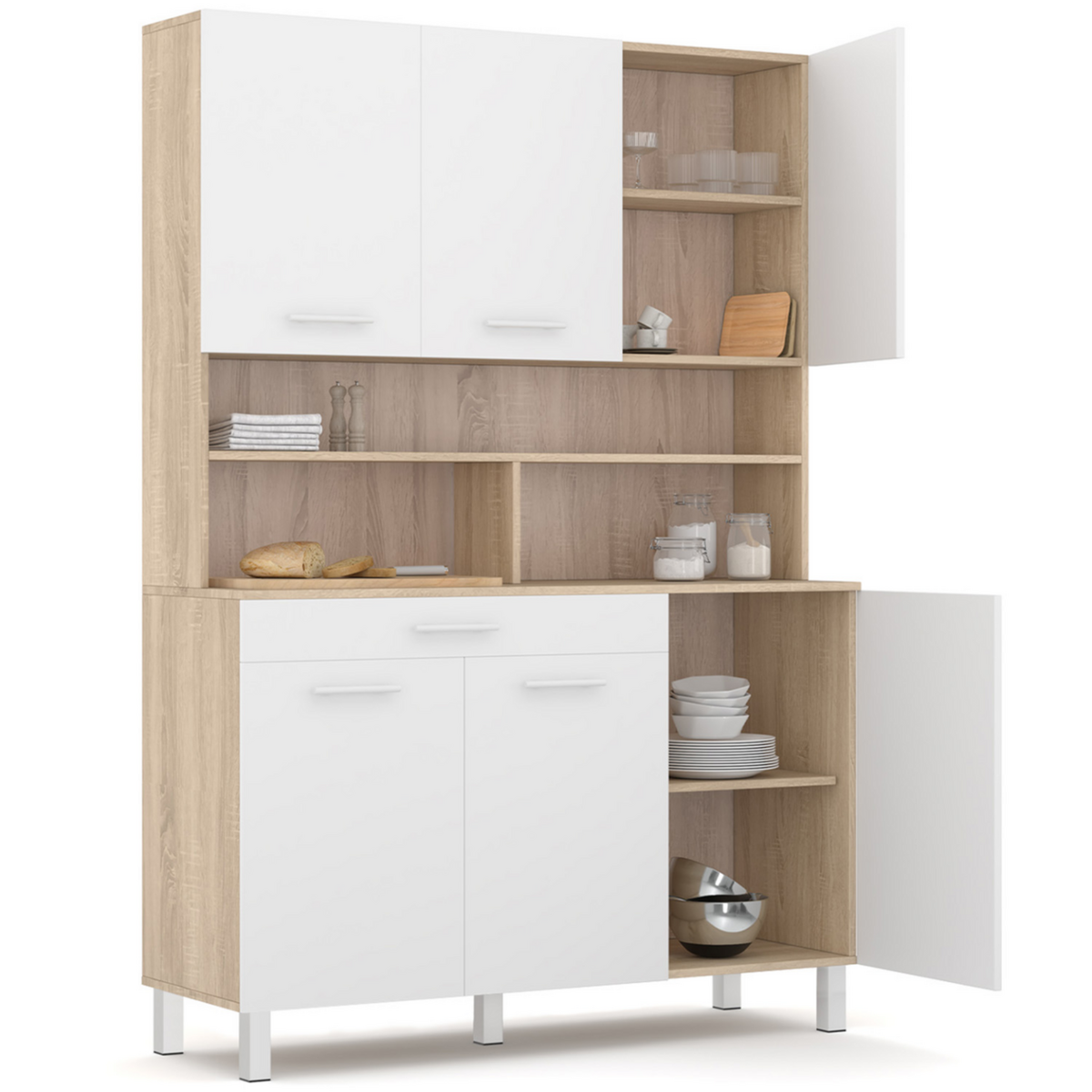 ID MARKET Buffet de cuisine 120 CM CINA 6 portes + tiroir façon hêtre et blanc