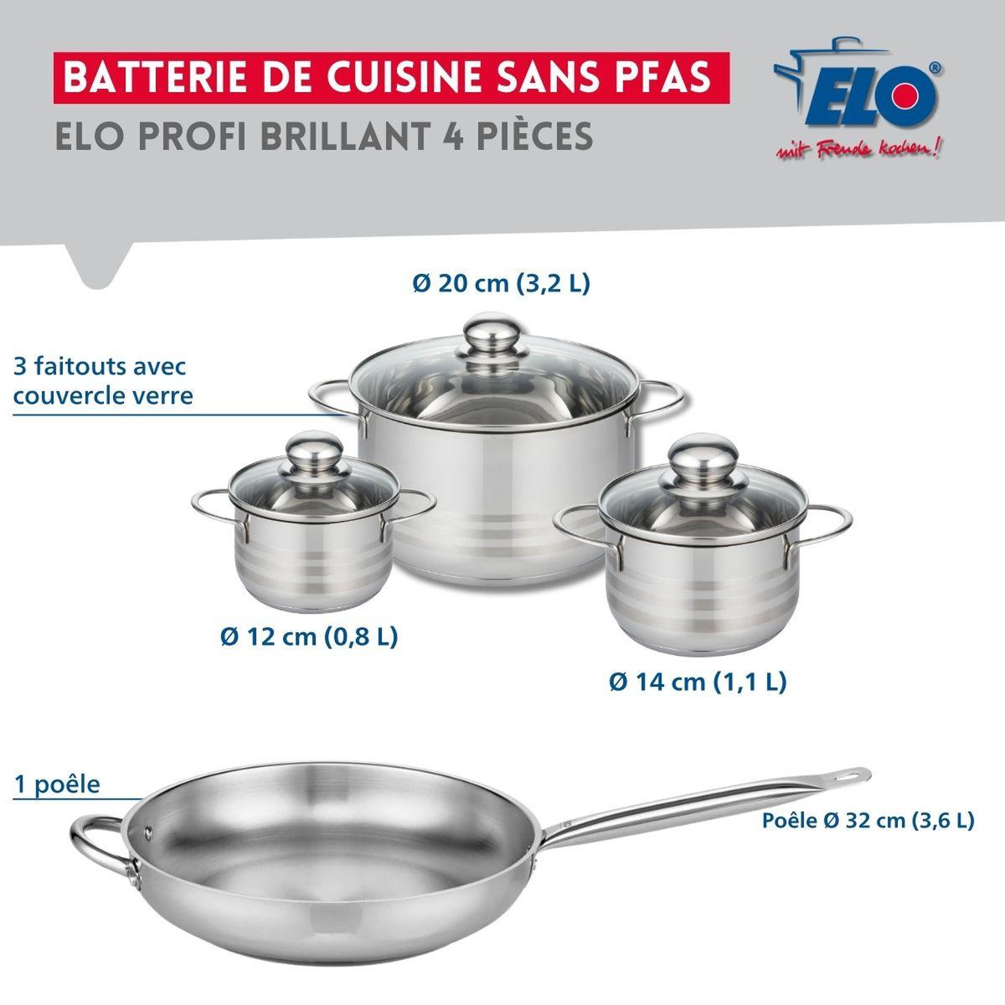 Voir la diapositive 2 : ELO Ensemble de 1 poêle de cuisson 32 cm et 3 faitouts 12, 14 et 20 cm elo profi brillant