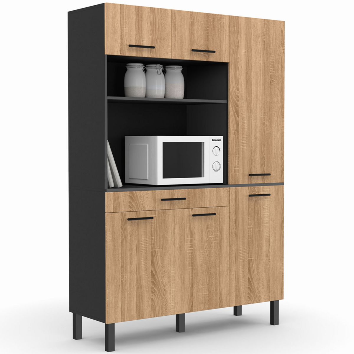ID MARKET Buffet de cuisine avec colonne de rangement 120 CM CINA 6 portes + tiroir noir et façon hêtre