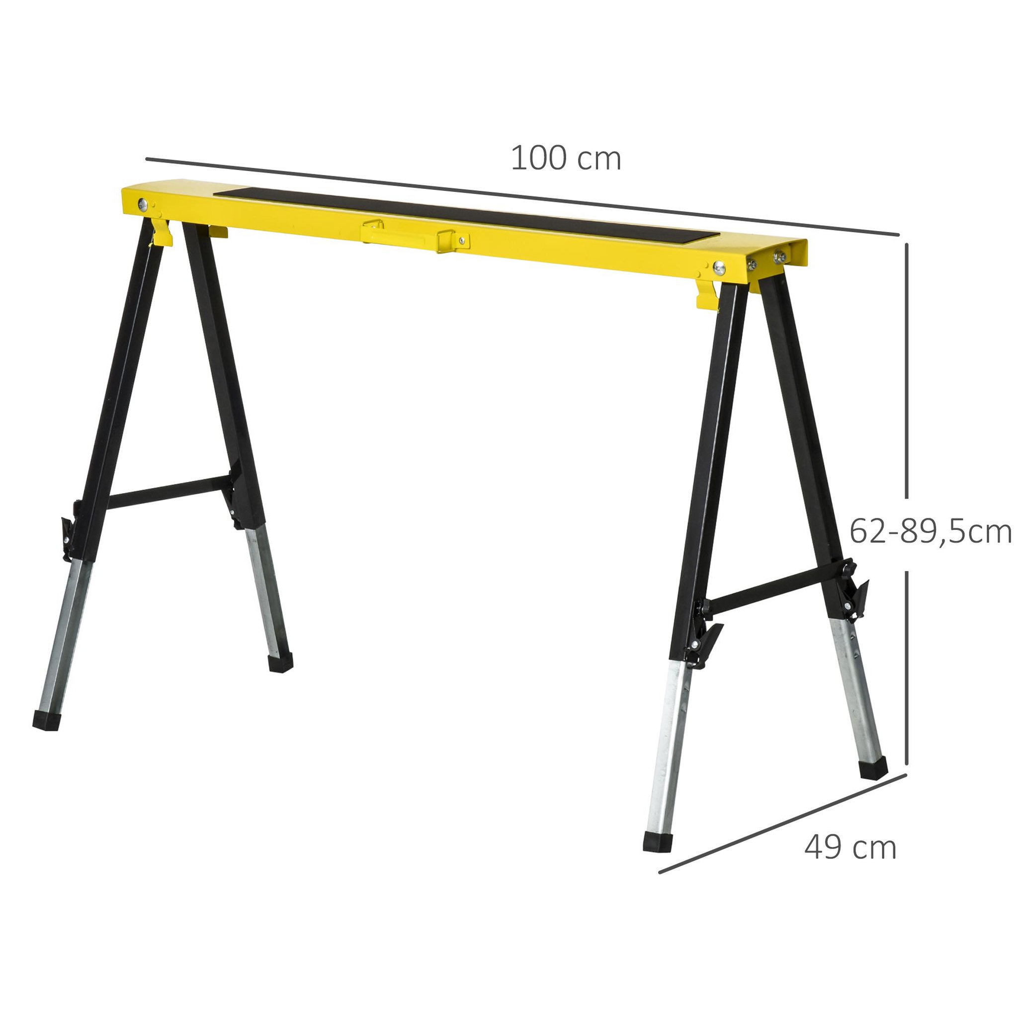 Voir la diapositive 3 : HOMCOM Lot de 2 tréteaux pliables telescopiques poignée transport dim. 100L x 49l x 62-89,5H cm surface antidérapante métal noir jaune