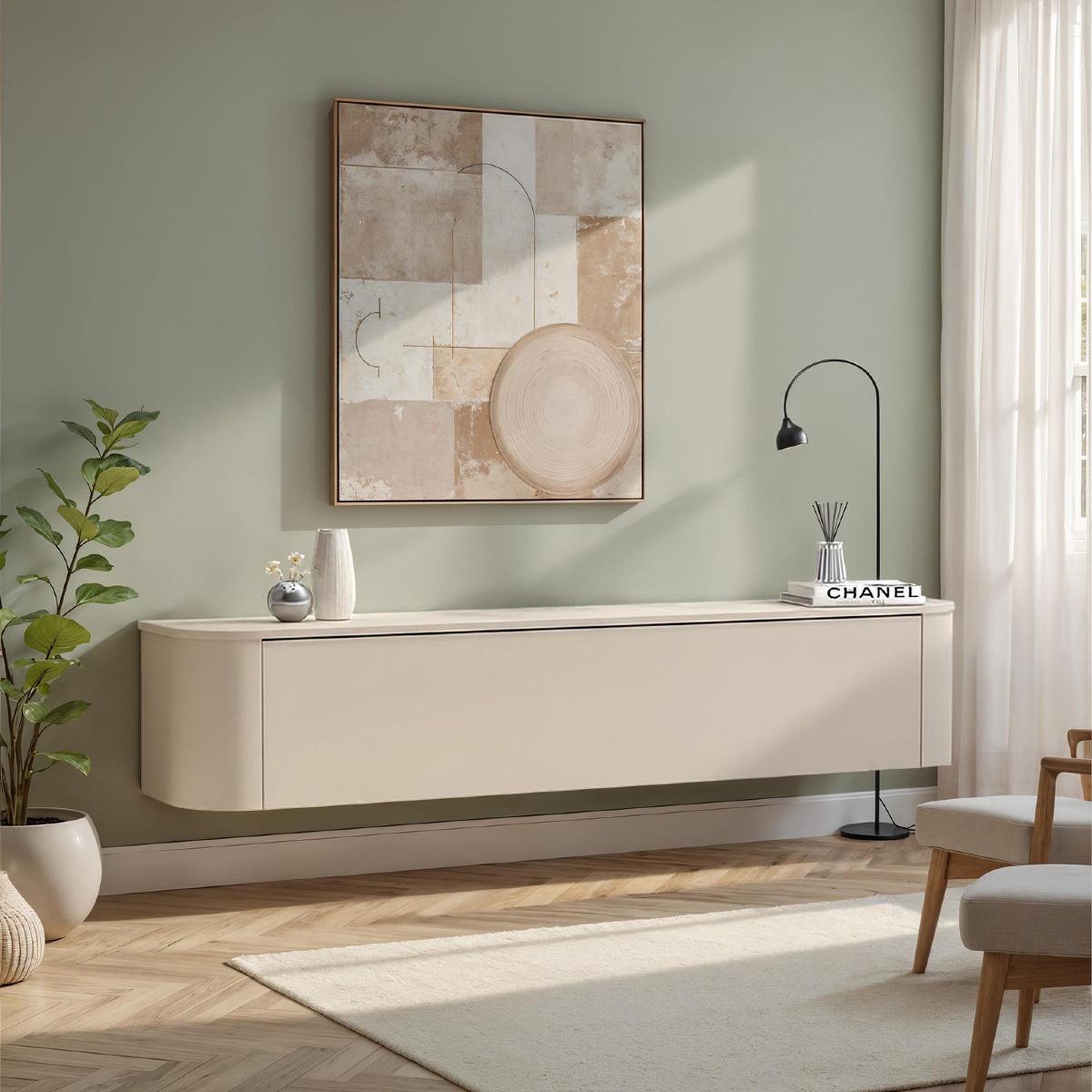 Voir la diapositive 2 : JLC KREATION Meuble tv mural suspendu beige 180cm olga
