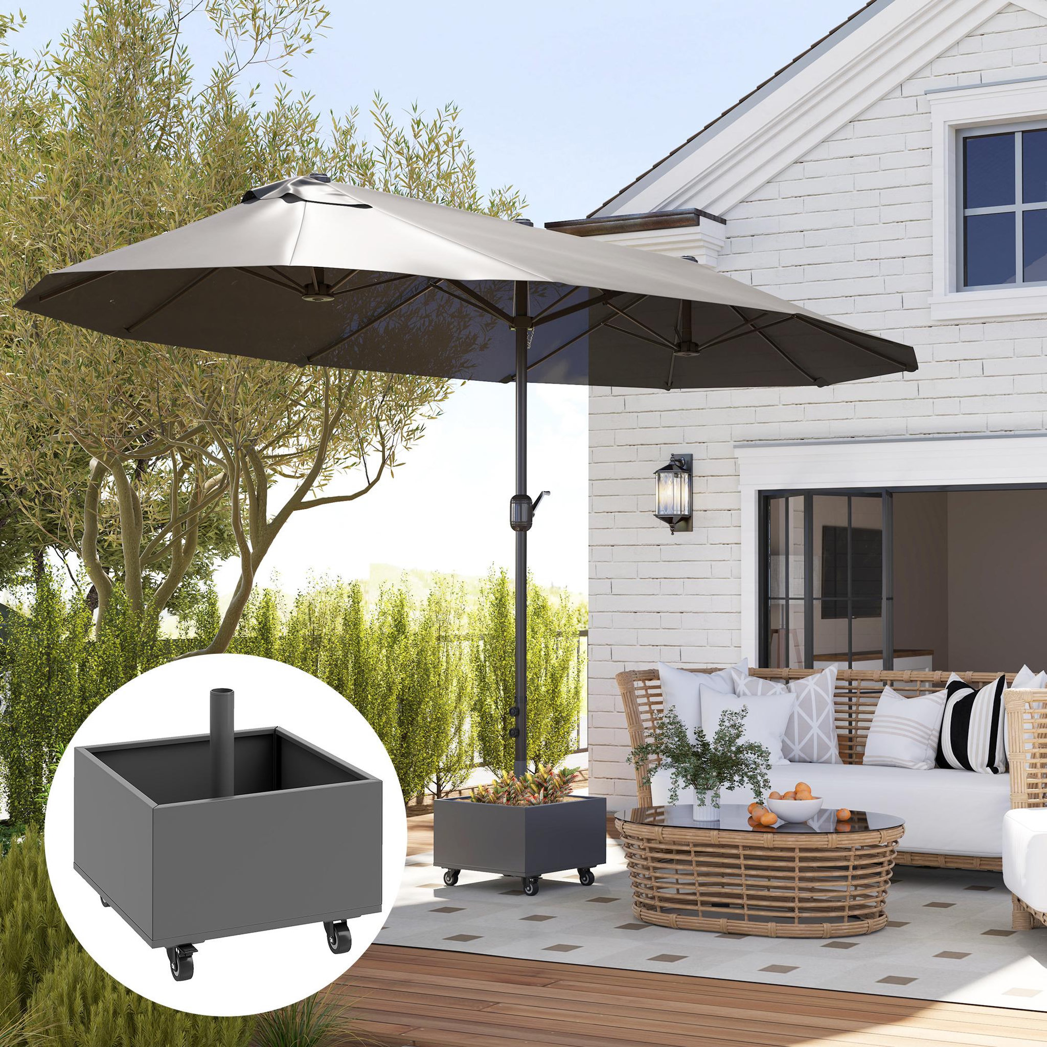 Voir la diapositive 2 : OUTSUNNY Pied de parasol carré jardinière 2 en 1 - 4 roues 2 freins - 50 x 50 x 46 cm - métal galvanisé gris