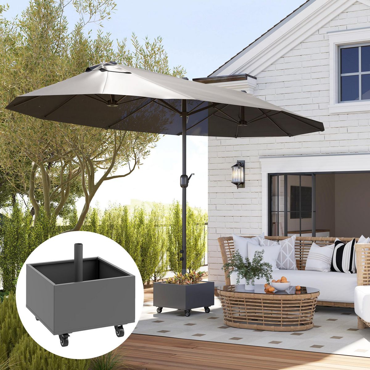OUTSUNNY Pied de parasol carré jardinière 2 en 1 - 4 roues 2 freins - 50 x 50 x 46 cm - métal galvanisé gris