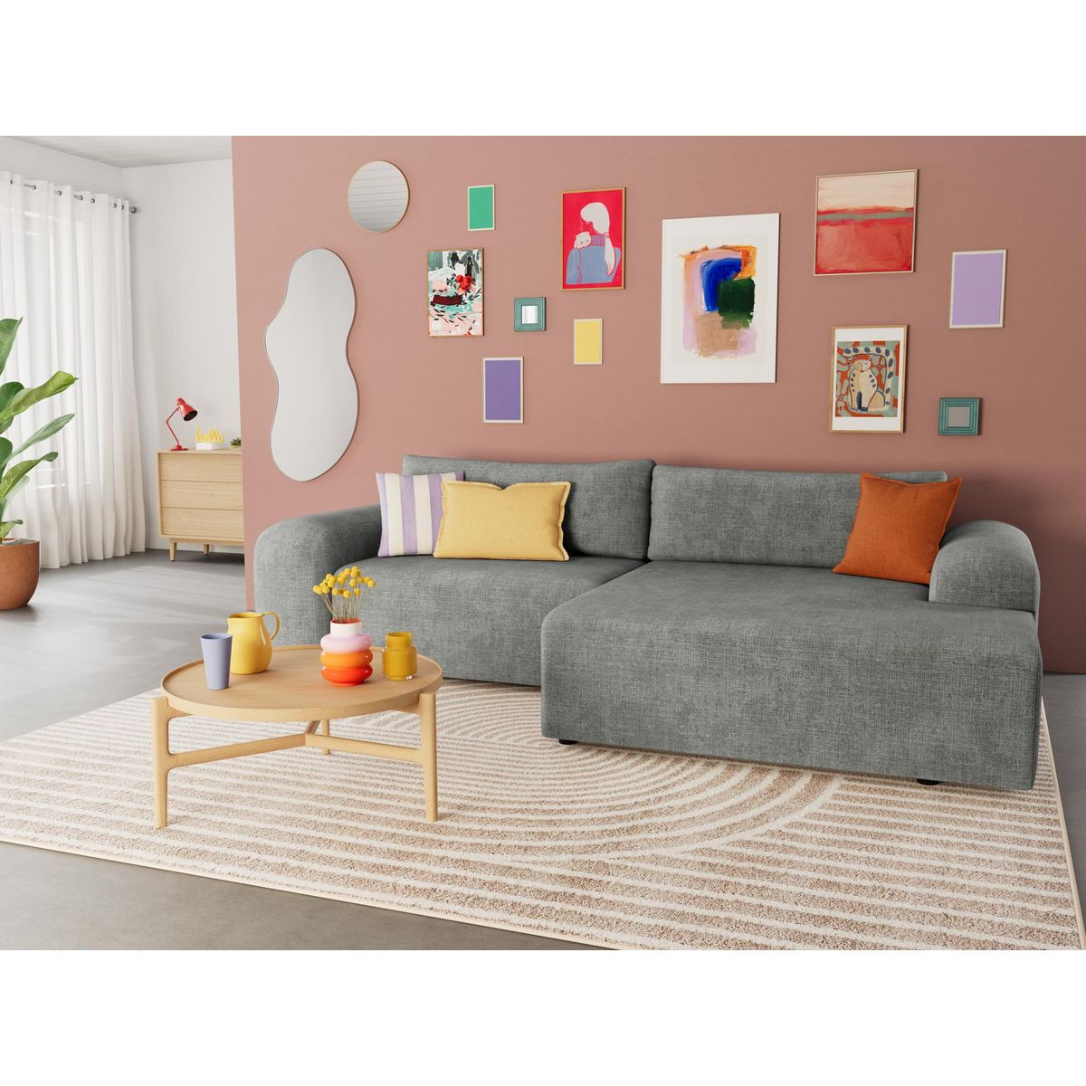 BEST MOBILIER Rebecca - canapé d'angle droit 4 places convertible avec coffre en velours texturé