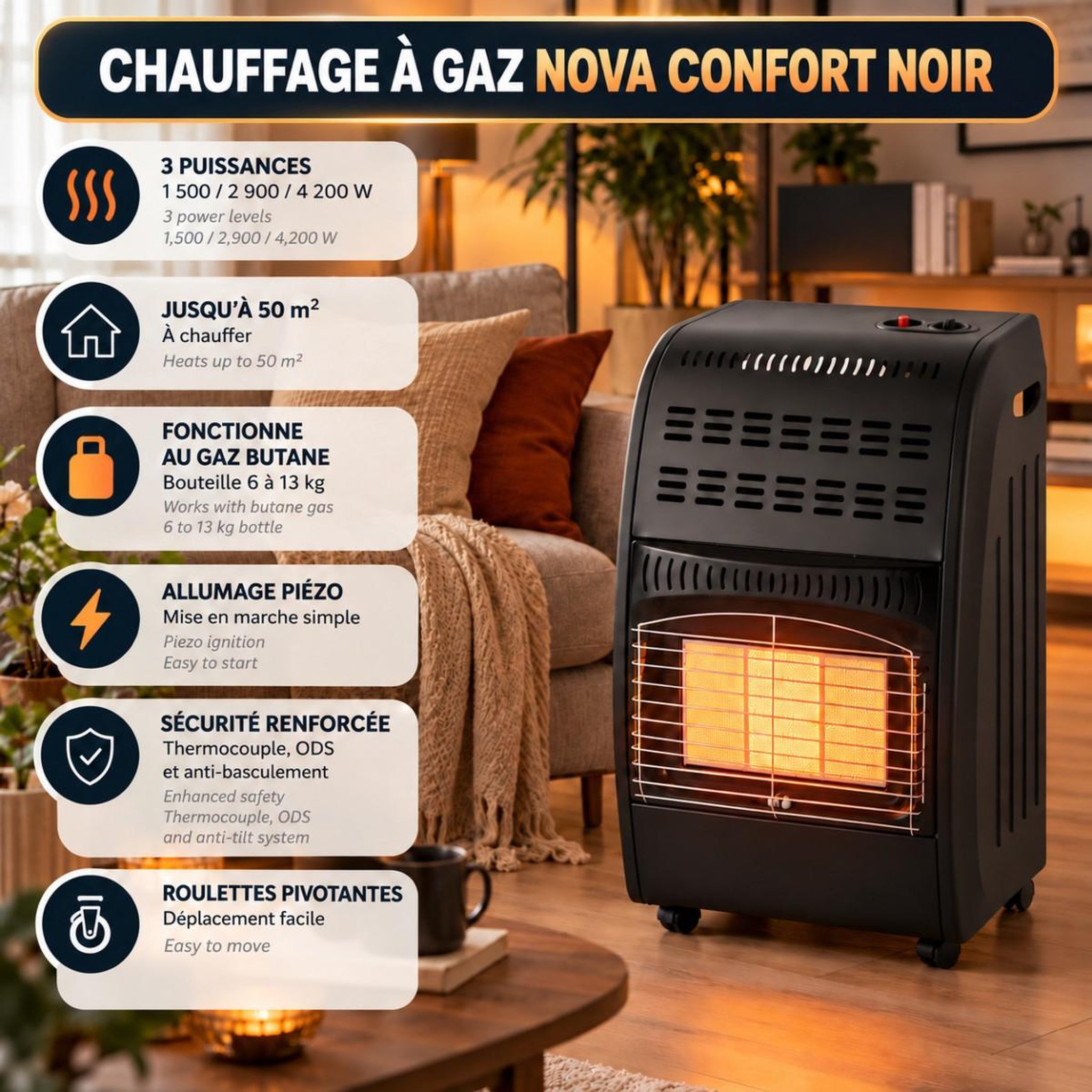 Voir la diapositive 3 : INTEC Poêle à gaz 4200W Nova Confort + Tuyau & Détendeur Butane Chauffage d'apppoint mobile Noir Chauffe Rapide Sécurité ODS INTEC