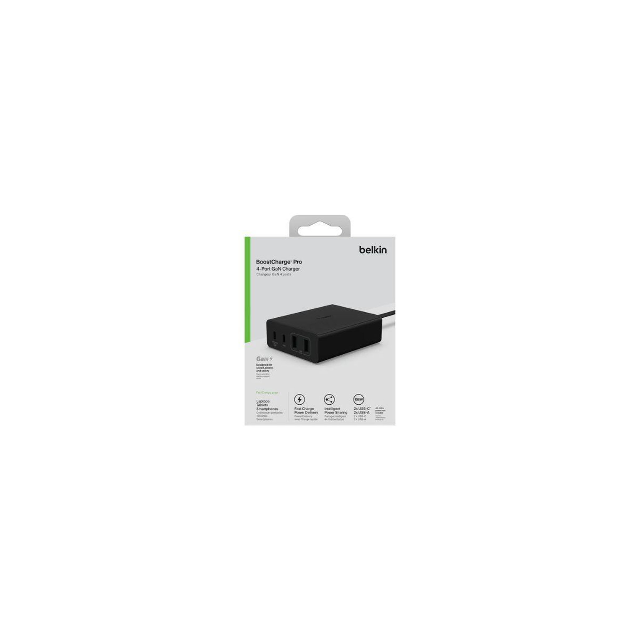 Voir la diapositive 3 : Belkin Chargeur ordinateur portable 4 ports 2 usb-c 2 usb-a 108w noir