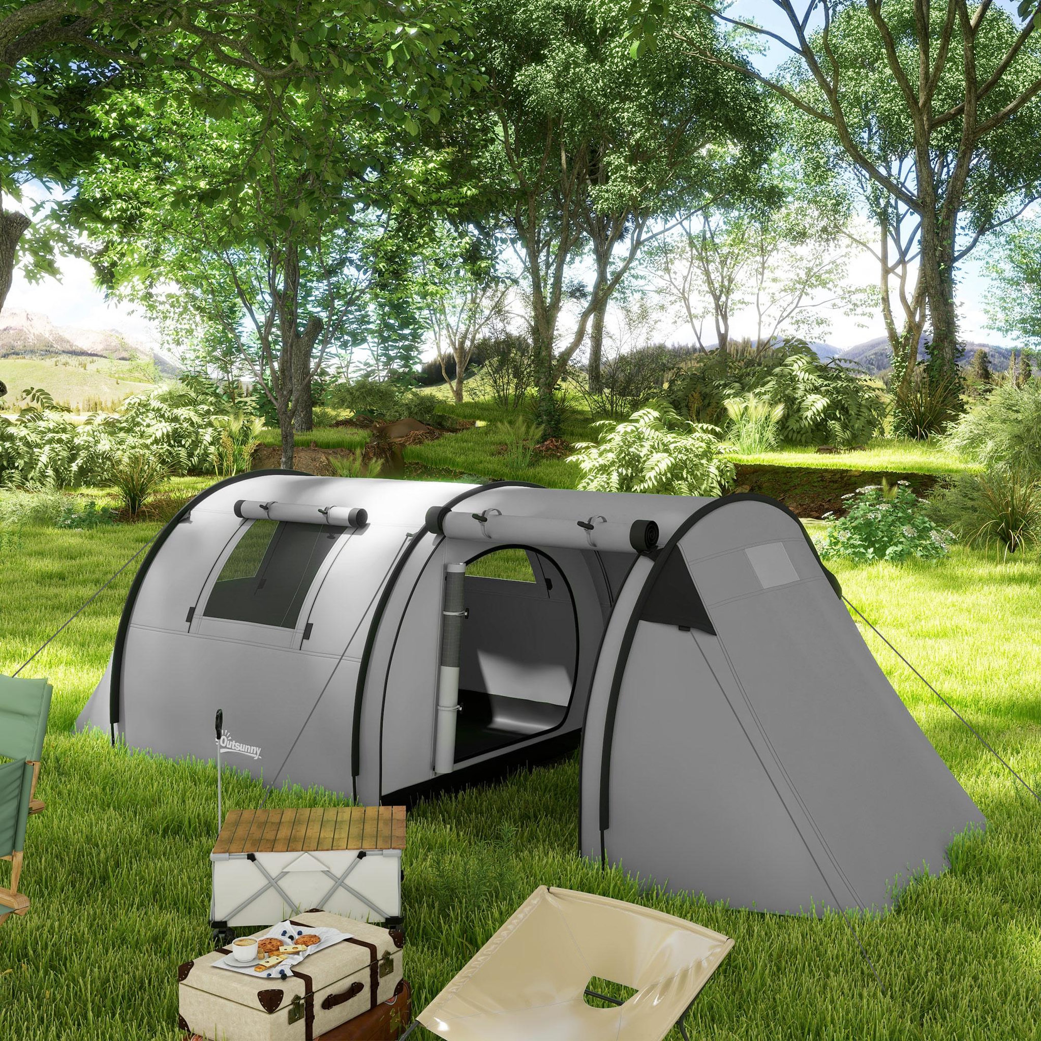 Voir la diapositive 2 : OUTSUNNY Tente de camping 3-4 pers. Étanchéité 3000 mm chambre salon sac gris