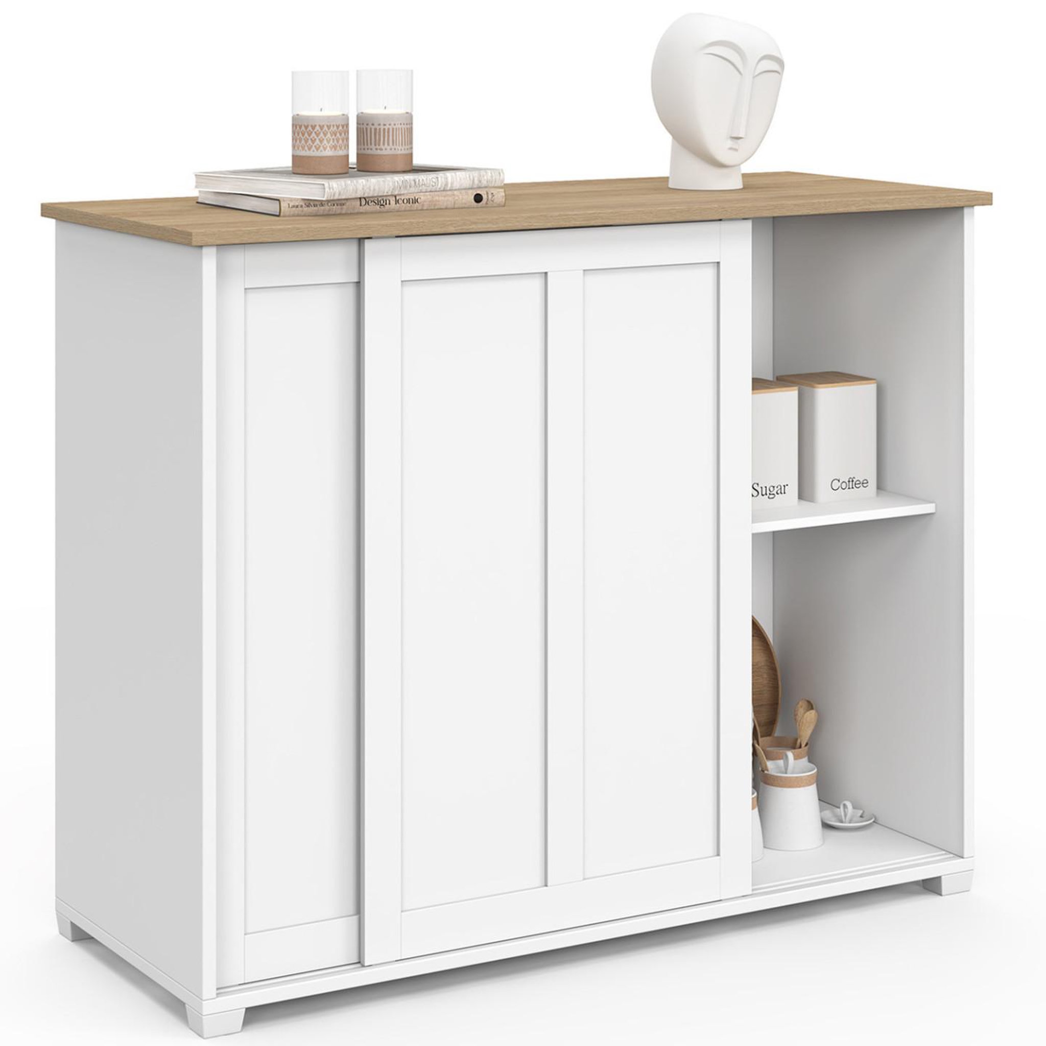 ID MARKET Buffet 100 cm JANGO 2 portes coulissantes blanc et plateau bois