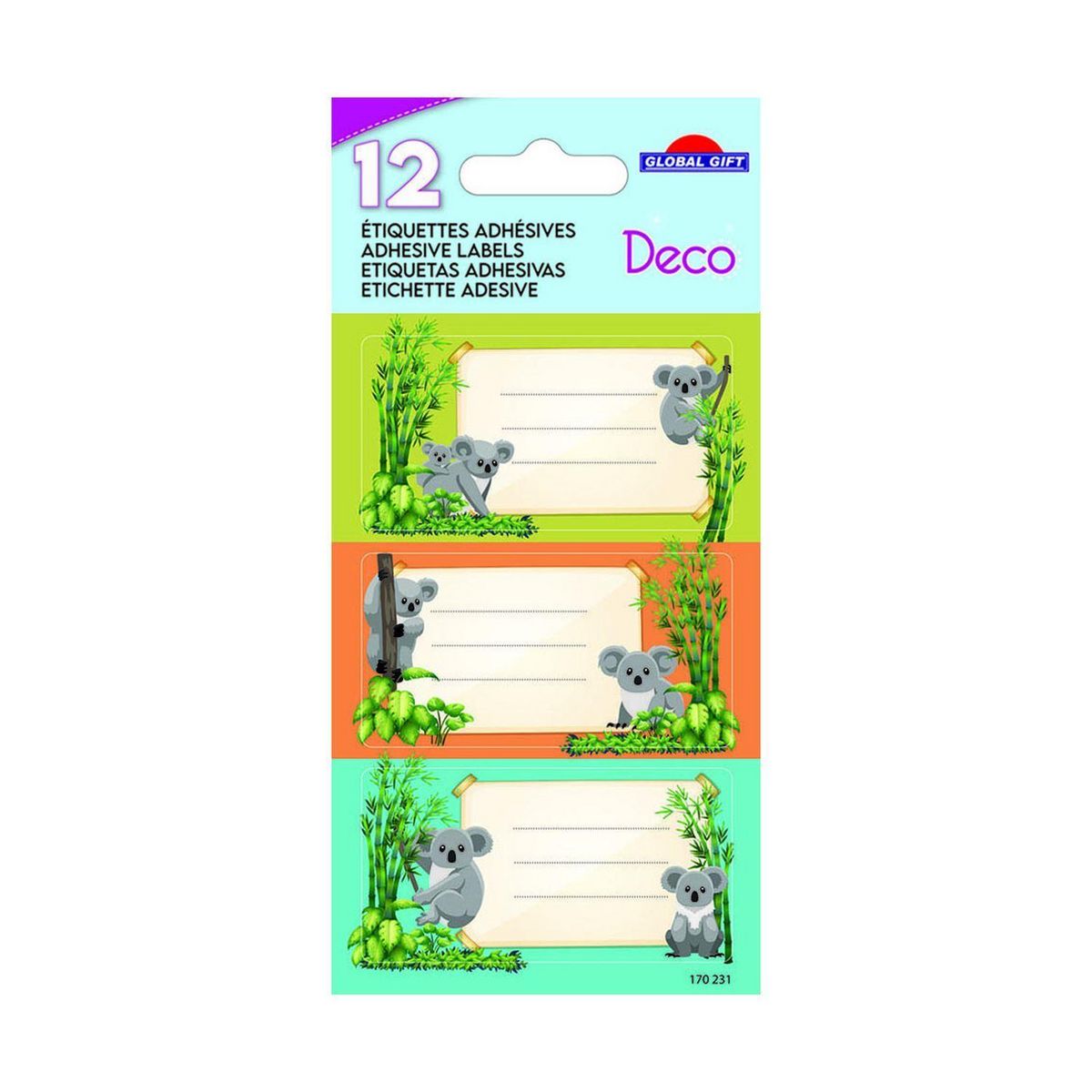 GLOBAL GIFT 12 étiquettes adhésives scolaires - Rectangle - Koalas