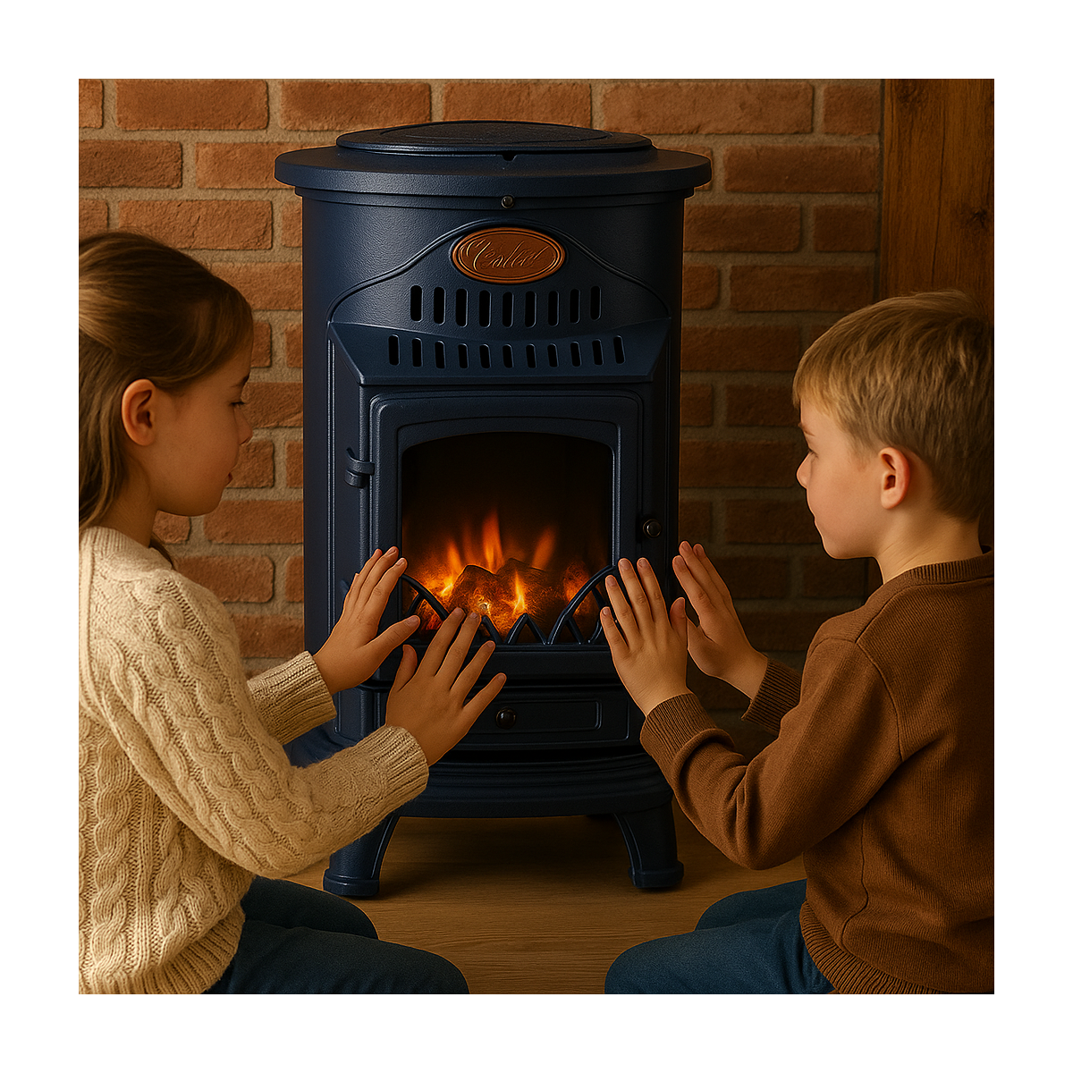 SAHARA Poele à gaz 3400W Bleu Nuit Effet poêle à bois Fonte véritable + Tuyau gaz + détendeur butane Provence Sahara